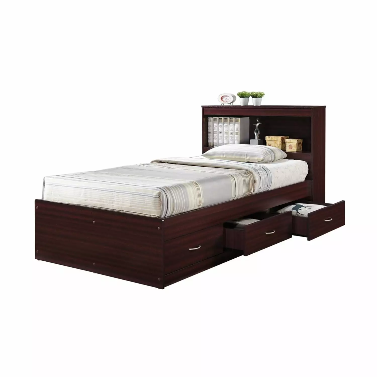 Hodedah Twin Captain Bed 3 Drawers and Headboard - Mahogany Wood