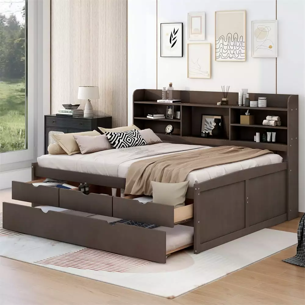 Timelessal Full Size Captain Bed Space-Saving Wooden Bed Frame Pull-Out Trundle Built- Bookshelf and Three Storage Drawers...