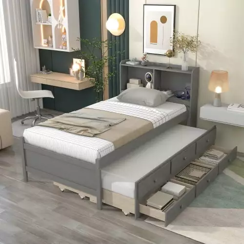 Twin Size Captain's Bed Bookcase Headboard and 3 Drawers Platform Bed Trundle ARCTICSCORPION