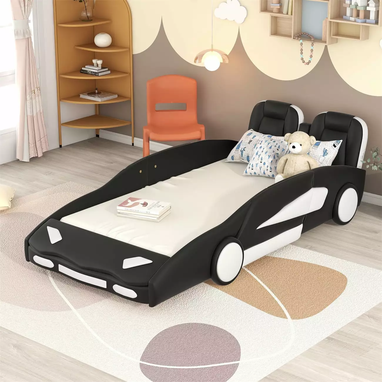Twin Size Race Car Bed Wheels Wooden Platform Bed Frame Guardrails Kids Black ARCTICSCORPION