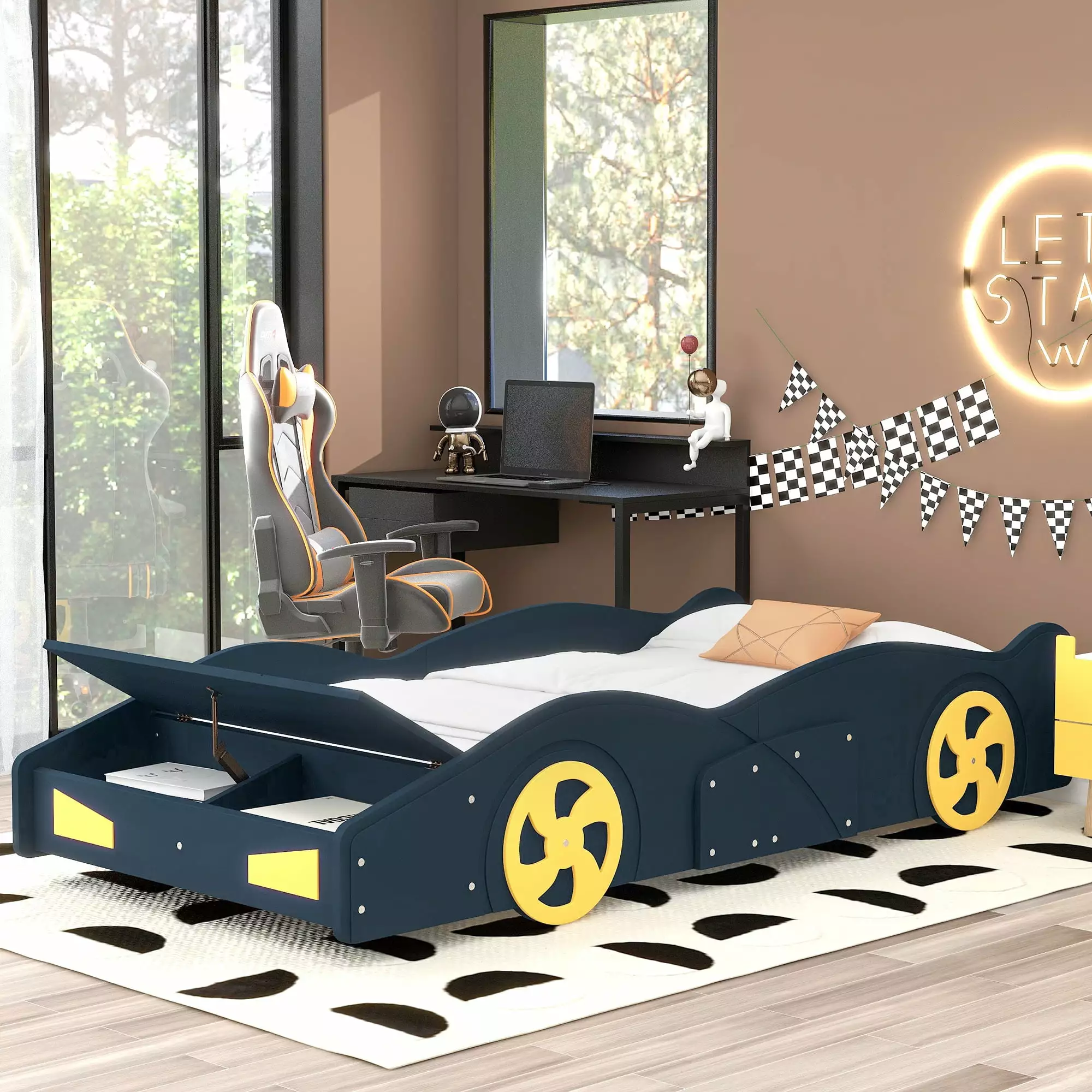 Euroco Twin Size Car-Shaped Platform Bed Tires and Storage Blue