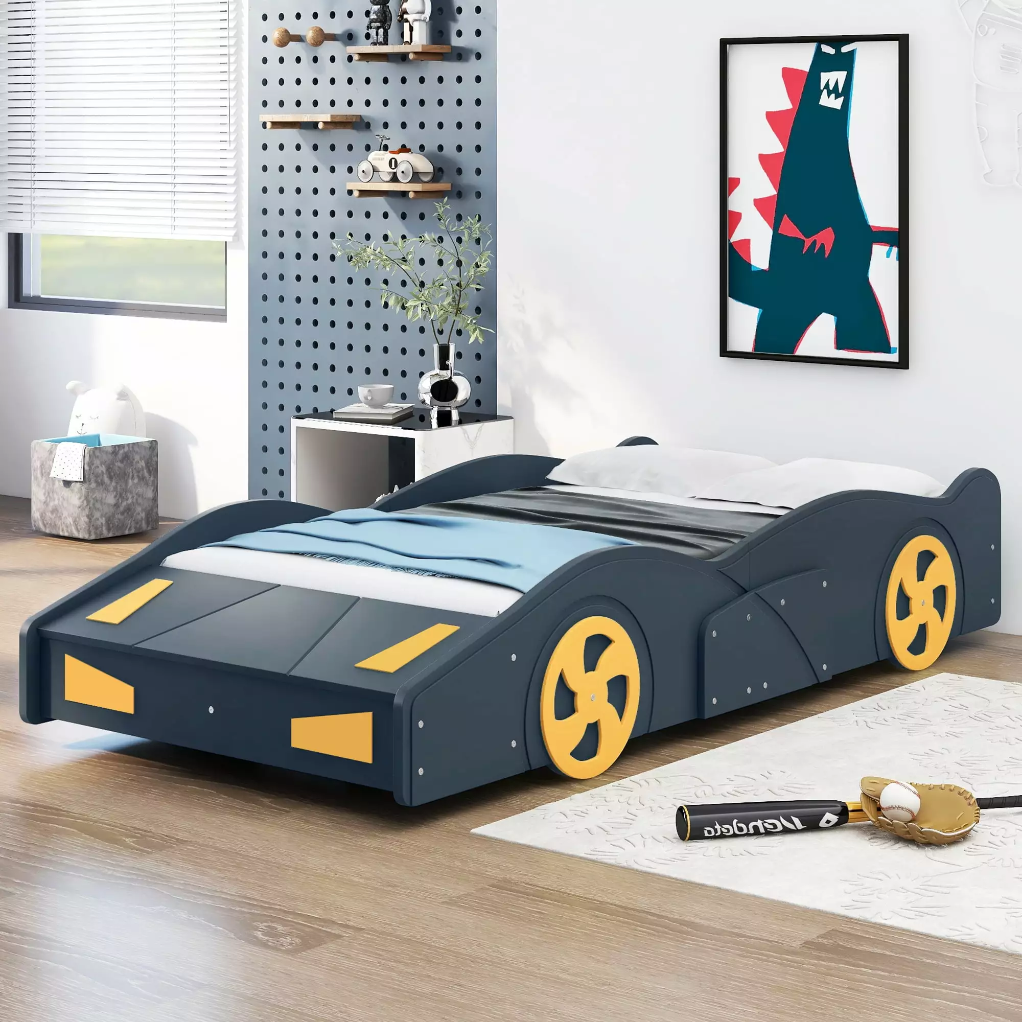 Euroco Twin Size Car-Shaped Platform Bed Tires and Storage Cabinet Blue