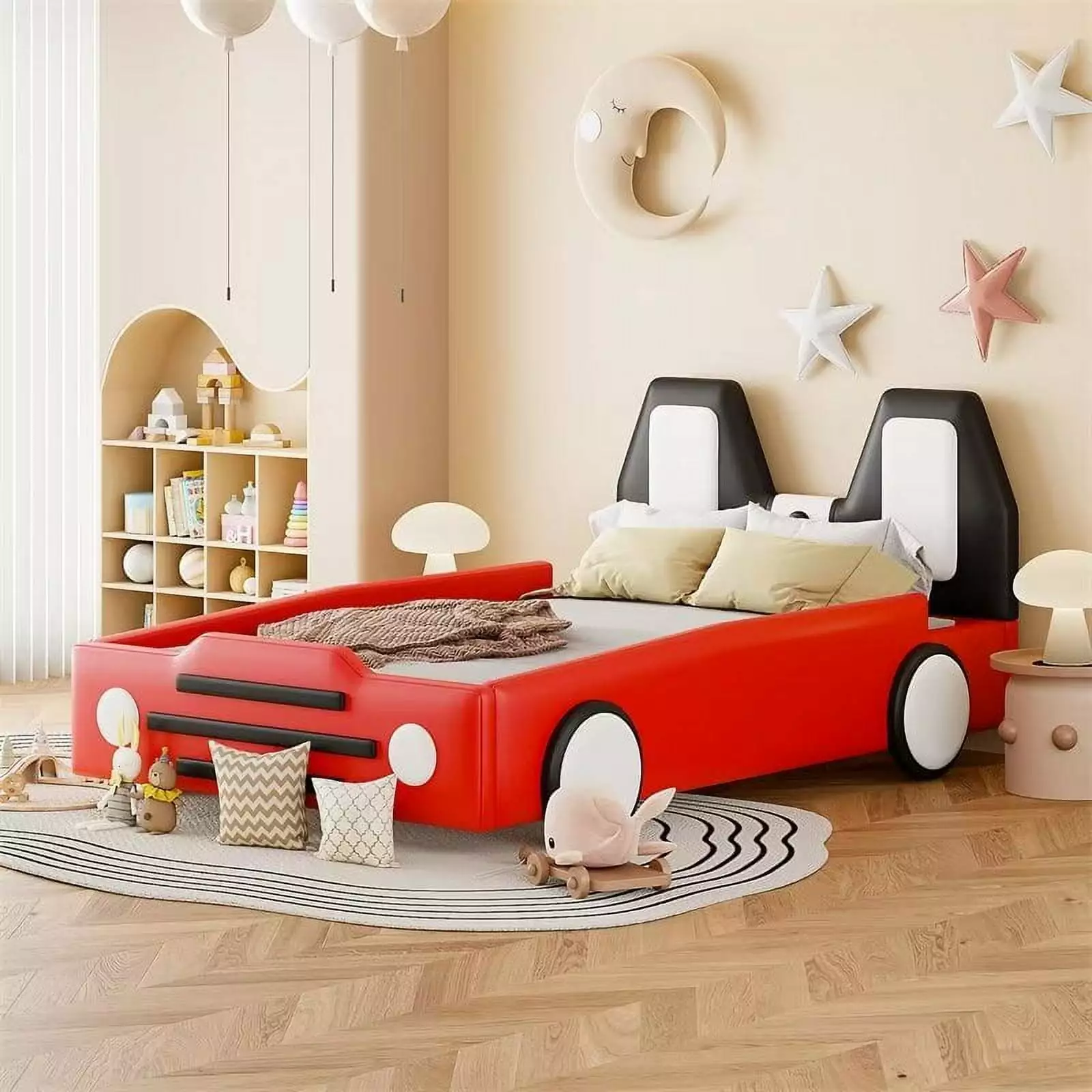 Car-Shaped Bed Frame Kids Toddlers Twin Size Solid Wood Platform Bed Wheels Slats Support Red Triple Tree