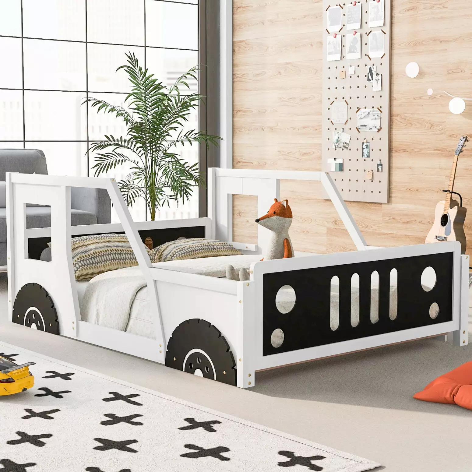 Full Size Timeless Car-Shaped Platform Bed Wheels Solid Wood Bed Frame Kids White Triple Tree