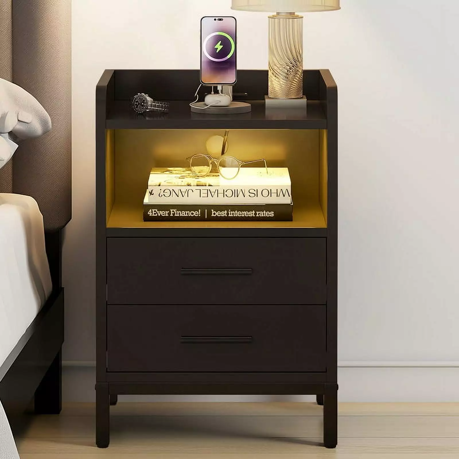 DWVO Farmhouse Nightstand Charging Station USB Ports and Outlets Bedside Table Drawer
