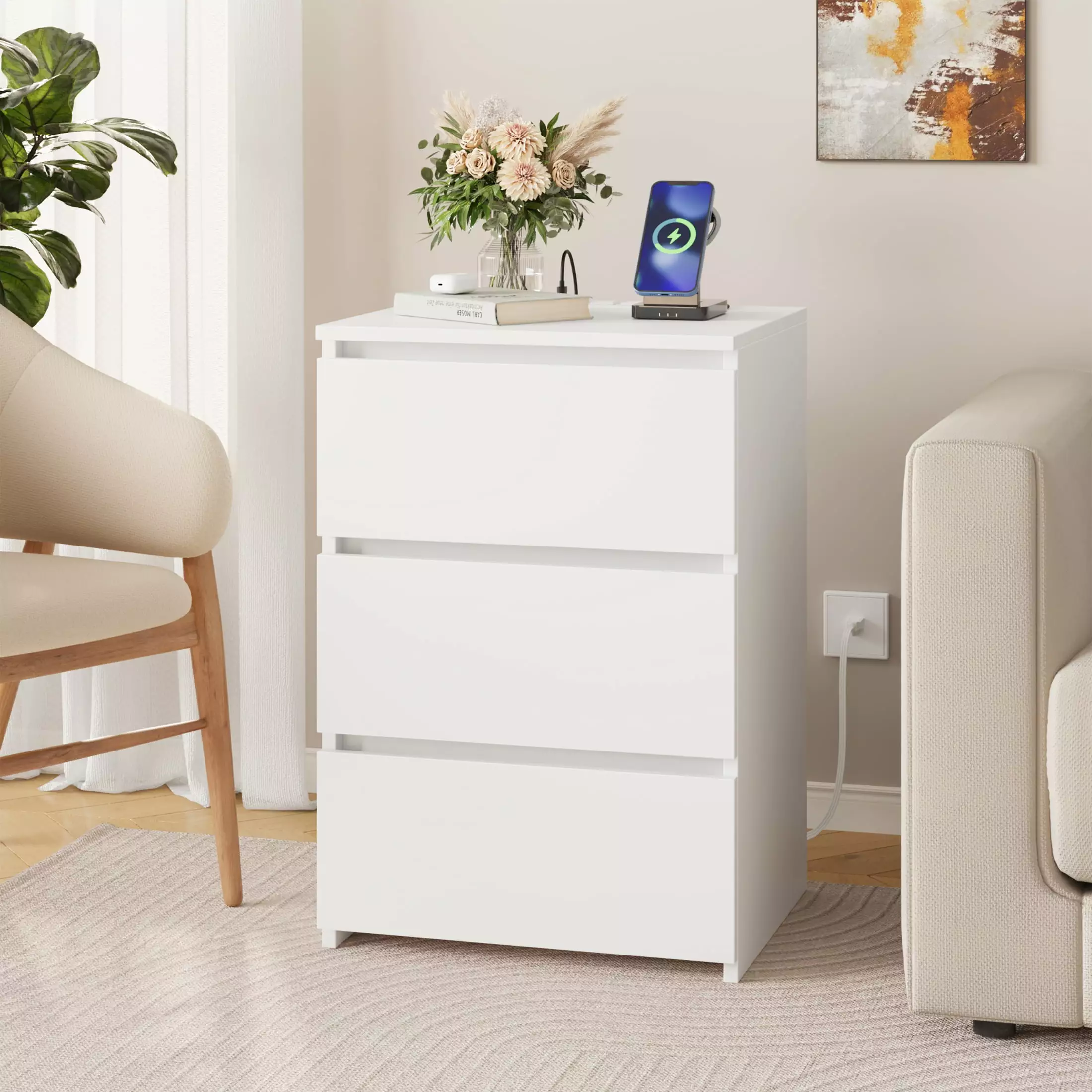 Homfa 3 Drawers Nightstand Charging Station Modern End Side Table Wooden Storage Cabinet Bedroom Living Room White