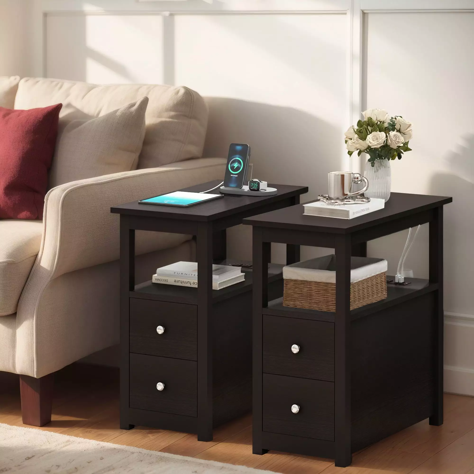 Jaxpety Set 2 Narrow End Tables USB Charging Stations and Storage Drawers - Espresso