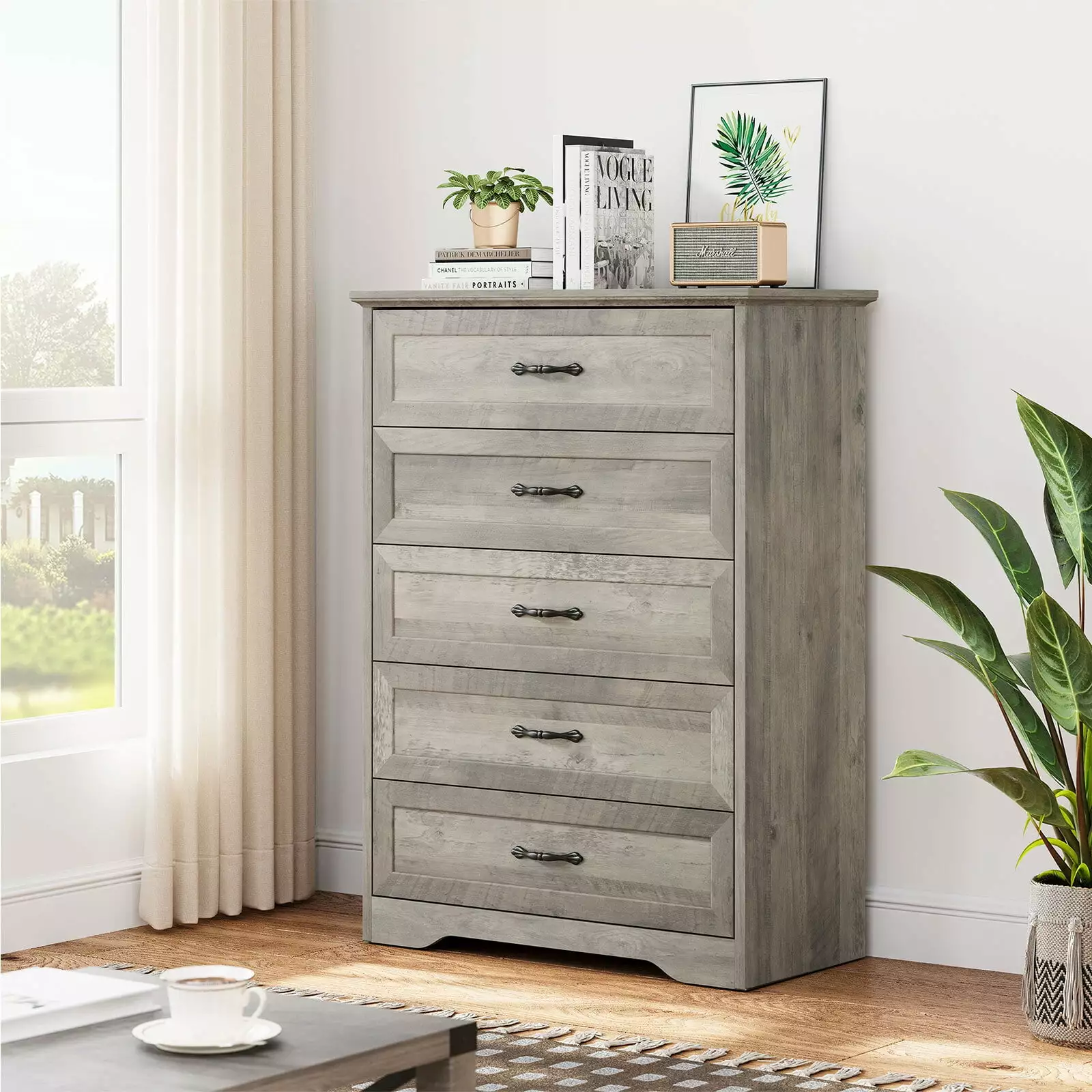 HOSSLLY 5 Drawer Dresser Chest Easy Pull Handle Grey Finish Bedroom Living Room