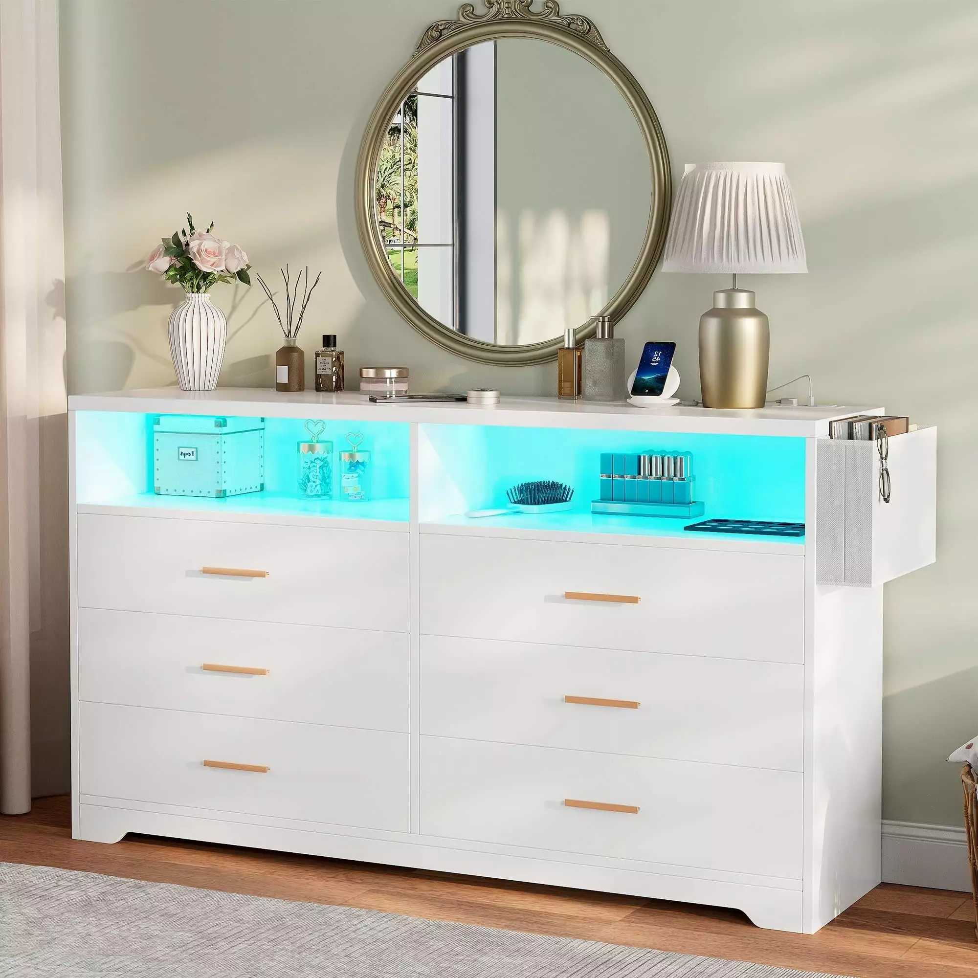 Alohappy Modern LED Dresser Charging Station - 55 Inch White Wood Chest