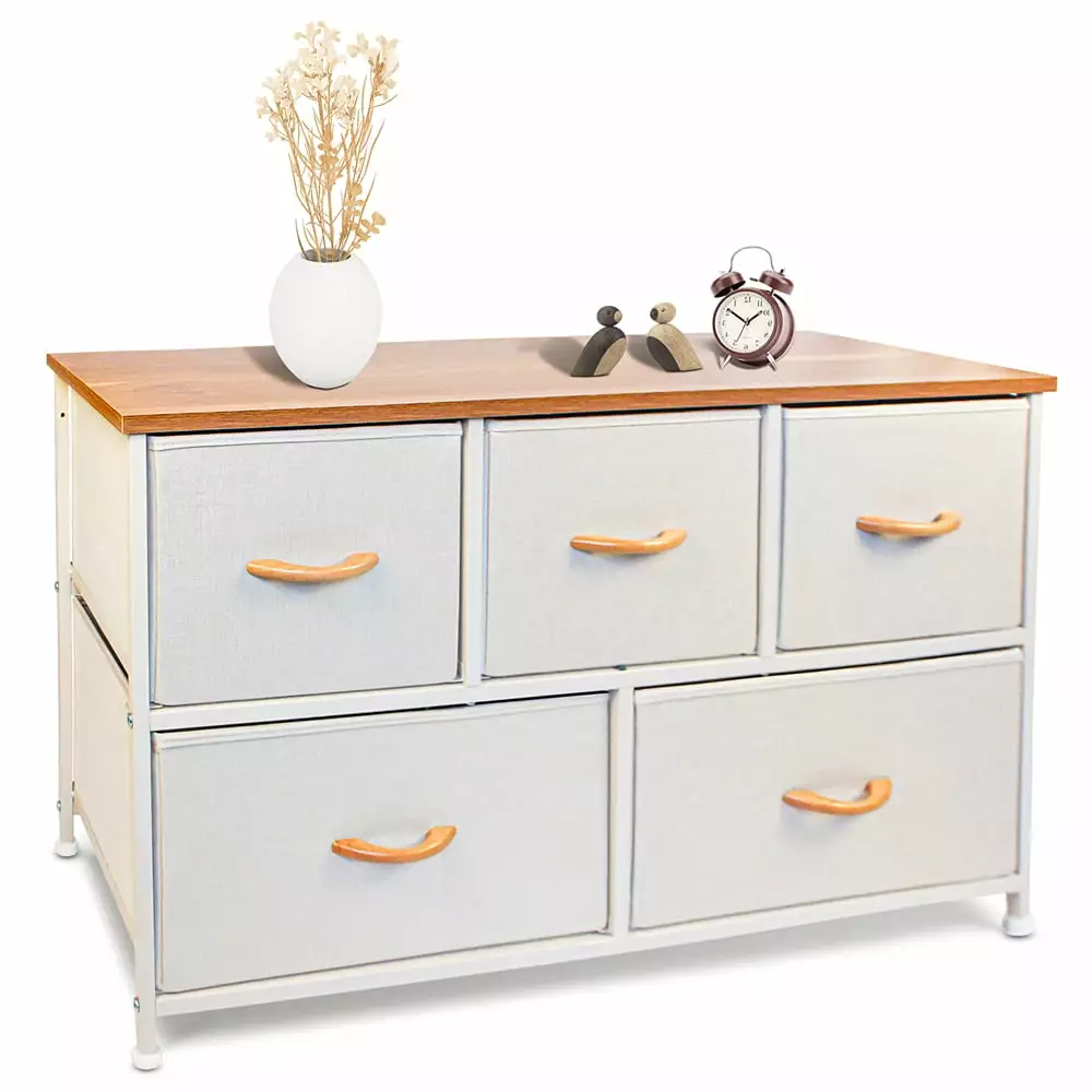 Bigroof Maple 5 Drawer Dresser Bedroom Wooden Handle Fabric Dresser Arranger