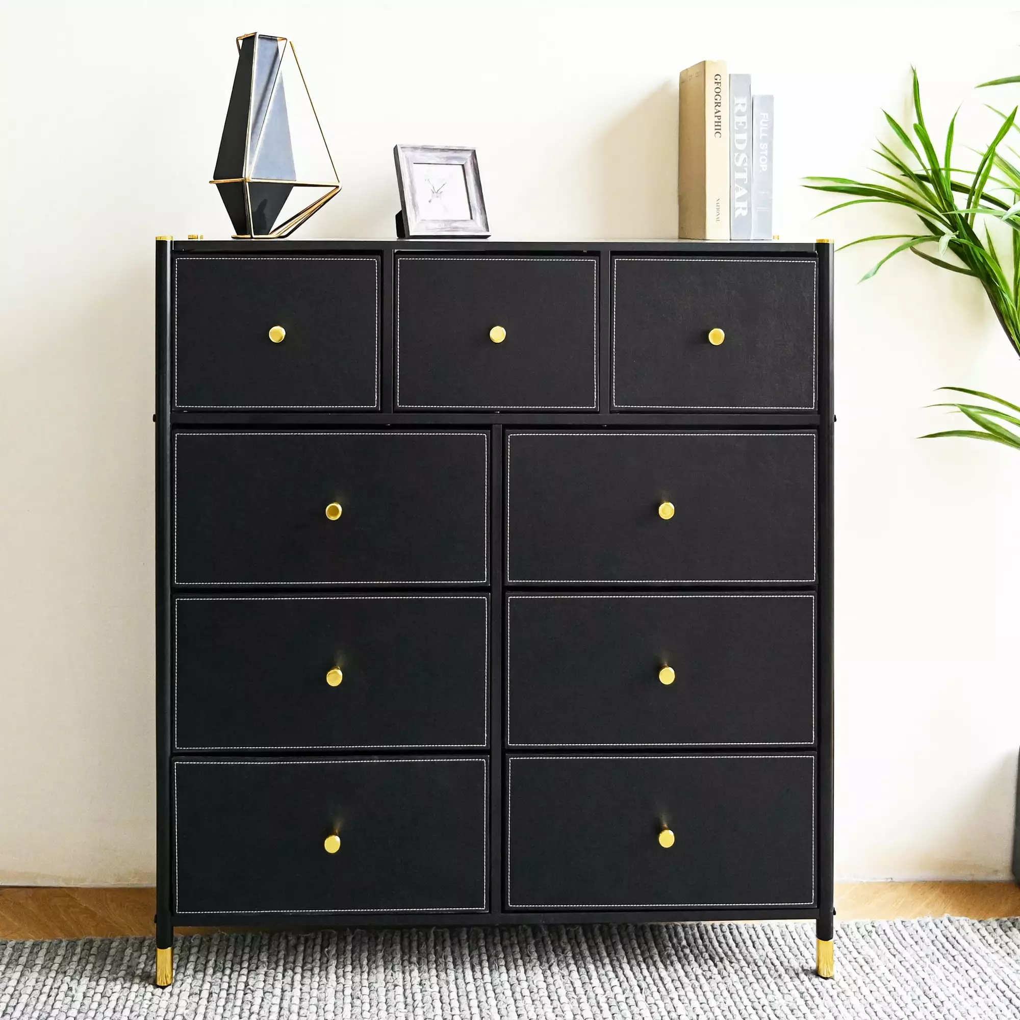 Black 9 Drawer Dresser Bedroom Wood Board and Fabric Drawers - Wide Chest Drawers Closet and TV Stand Bigroof