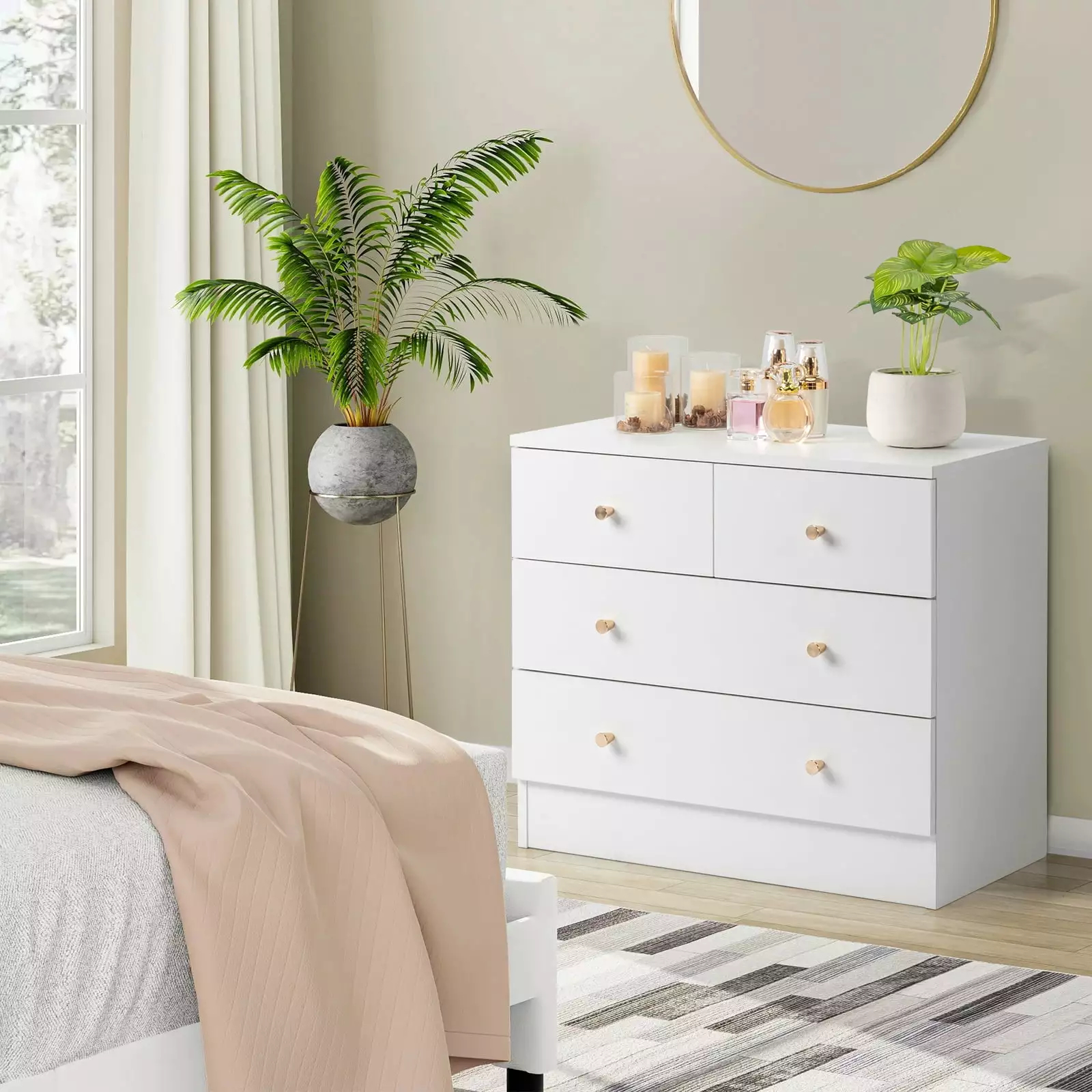 SamyoHome 4-Drawer Dresser Chest Wooden Storage Cabinet Bedroom Living Room Hallway White FCH