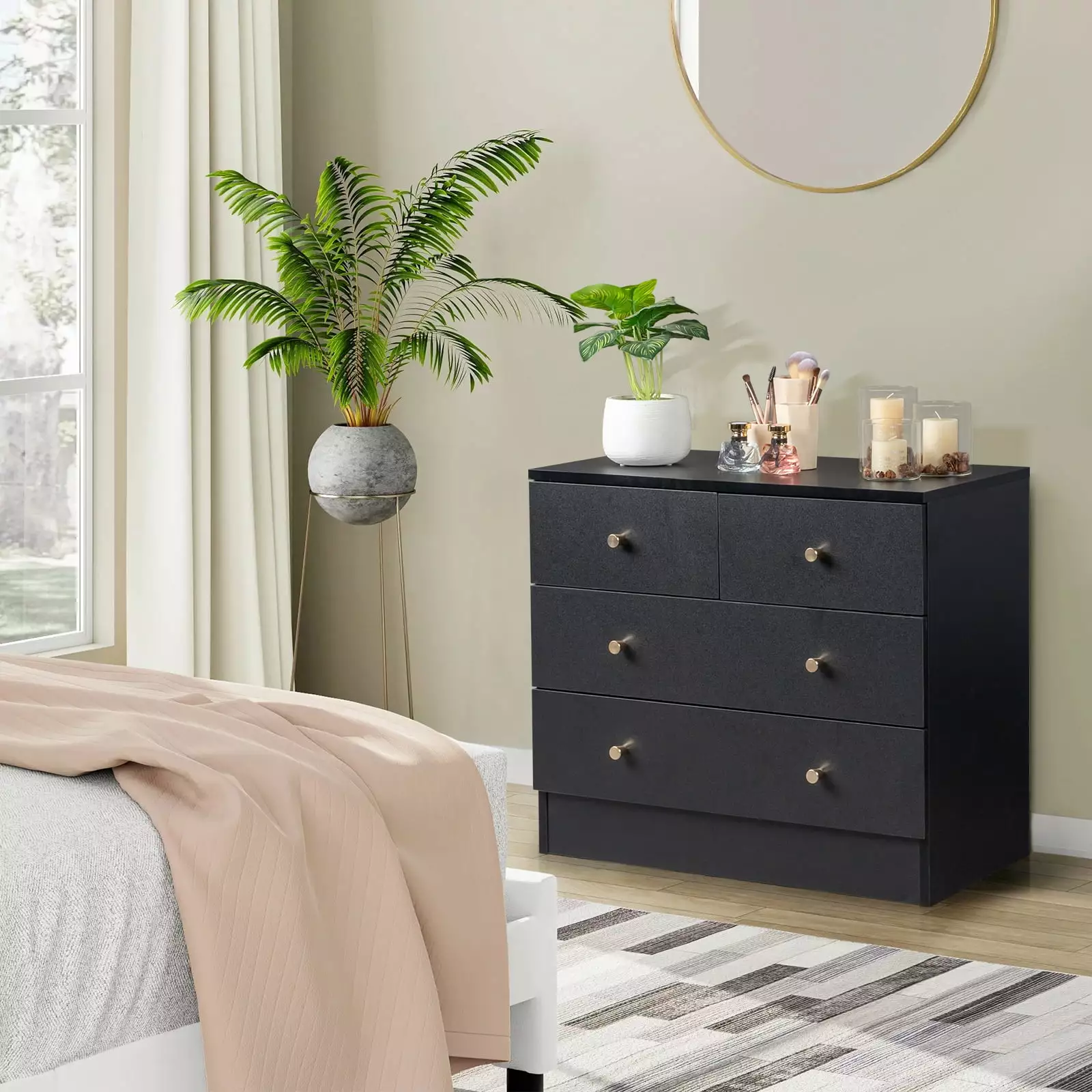 SamyoHome 4-Drawer Wood Dresser Chest Bedside Table Bedroom Living Room Black Storage Cabinet FCH