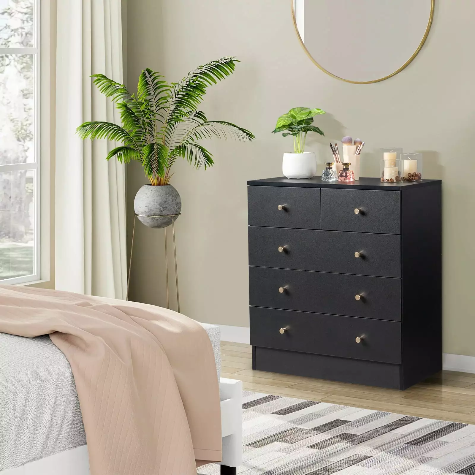 Winado 5-Drawer Wood Dresser Chest Bedroom Living Room Hallway Black Storage Cabinet FCH