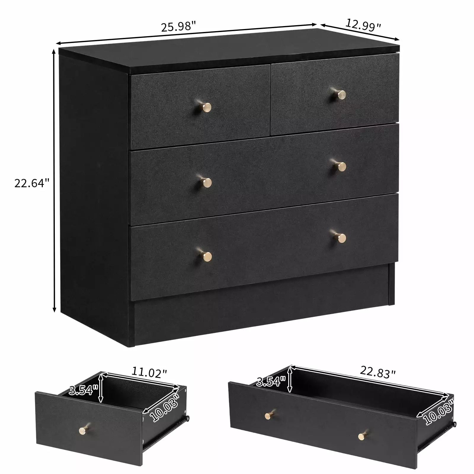 Winado Modern 4-Drawer Wood Dresser Chest Bedside Table Bedroom Living Room Black Storage Cabinet FCH