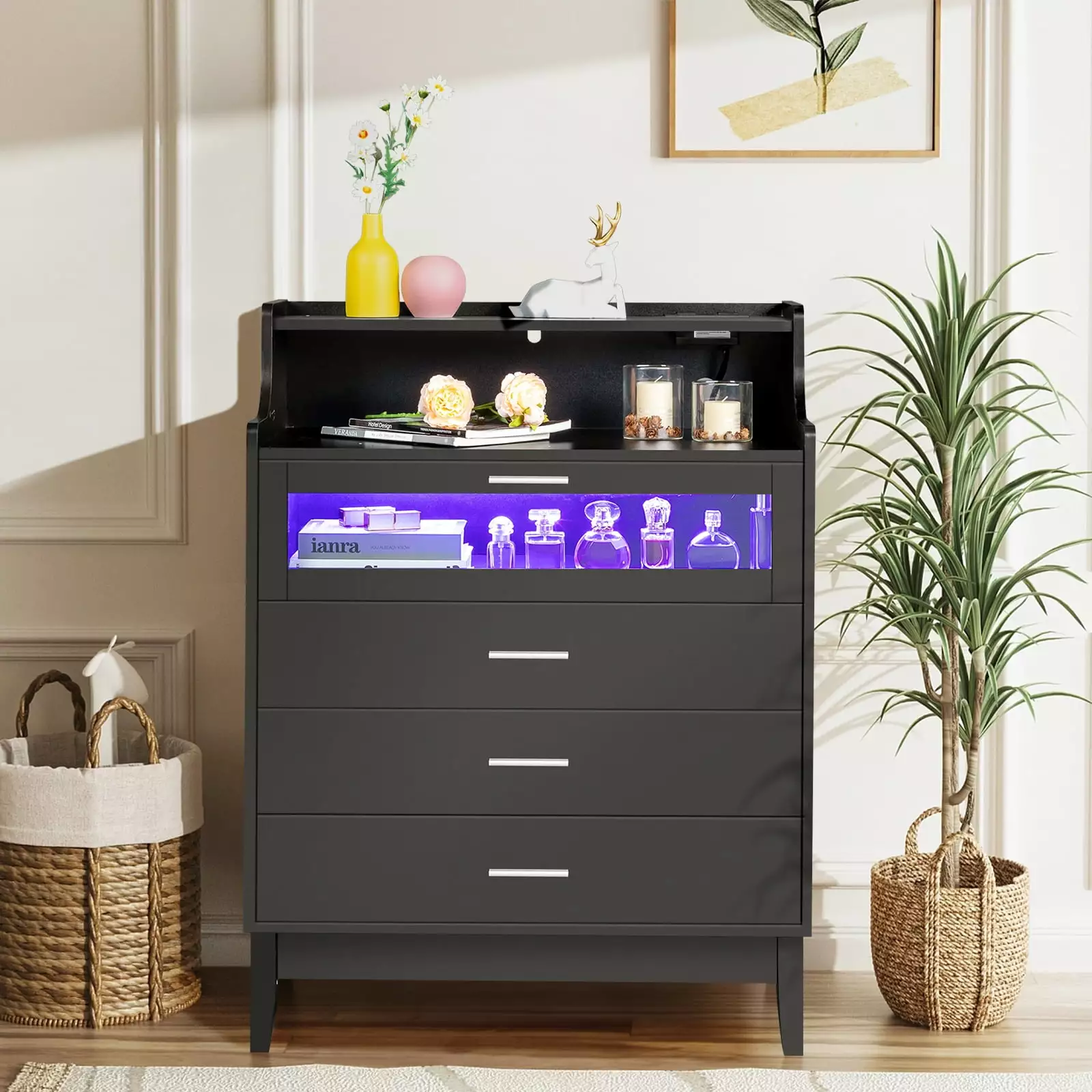 Zimtown 4 Drawer Dresser Charging Station - Wooden Chest Drawers LED Light Closet Hallway Living Room - Black FCH