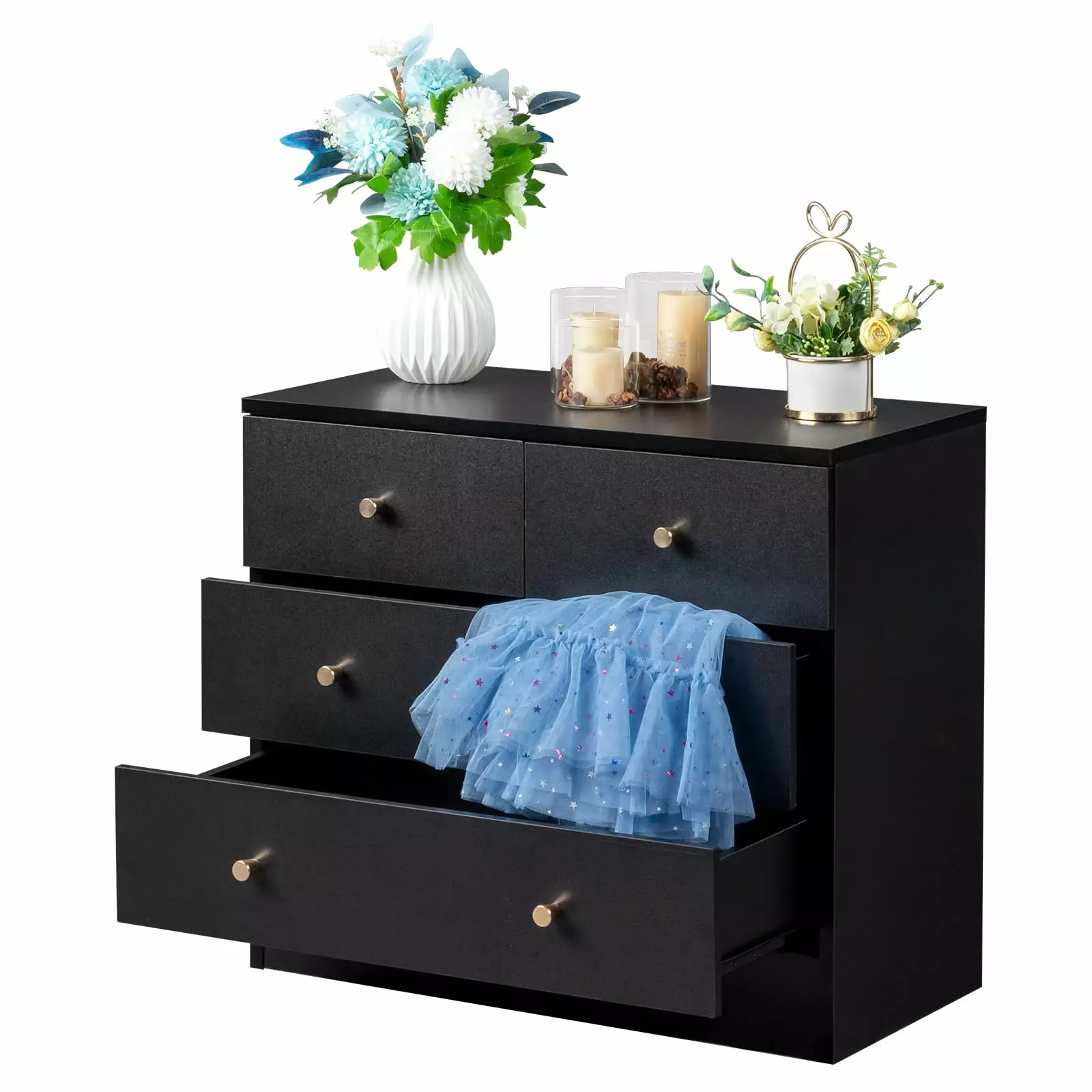 Zimtown Modern Wood 4-Drawer Dresser Chest Bedside Table Bedroom Living Room Black FCH