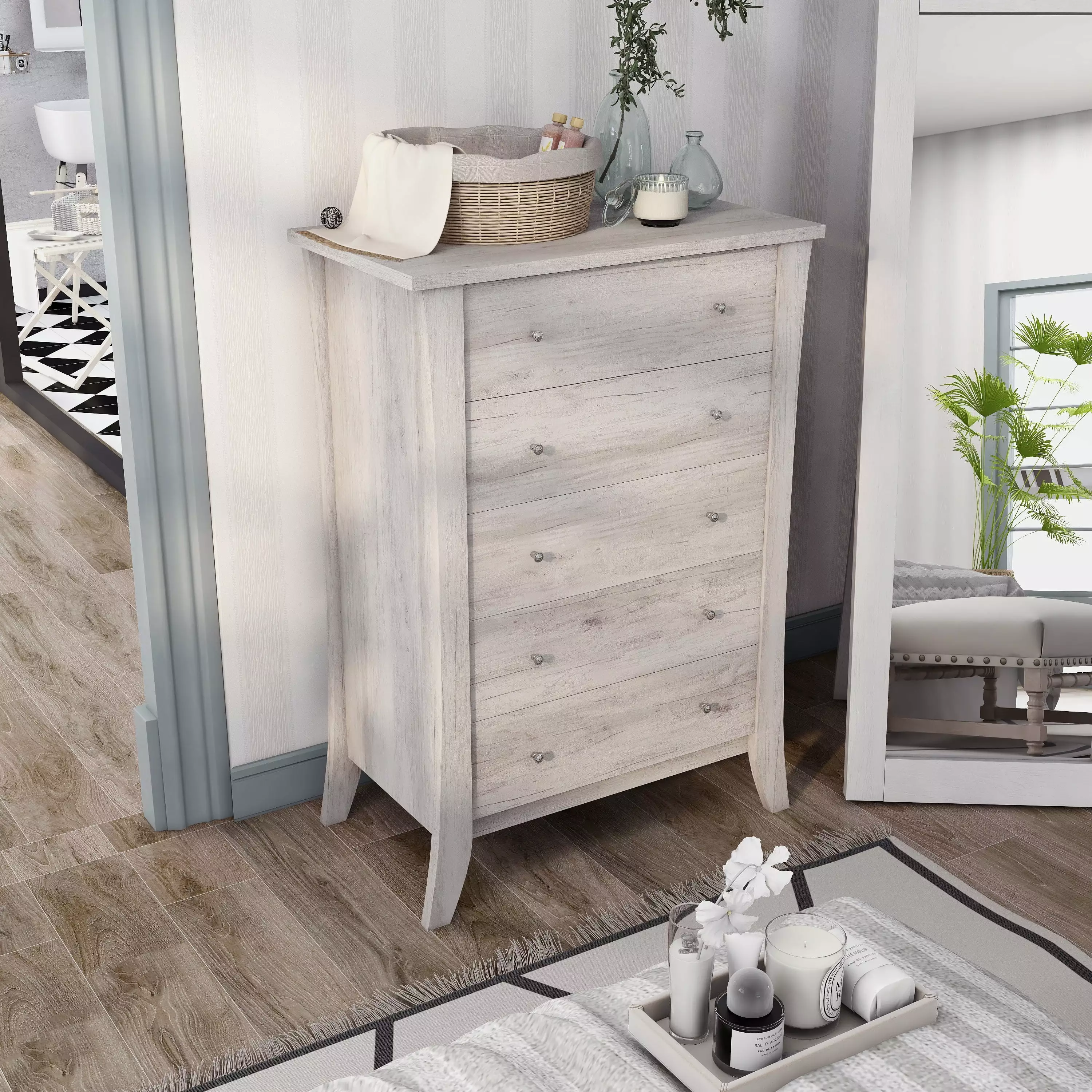 Furniture America Quake 5-Drawer Wood Coastal White Chest - Bedroom Storage Dresser