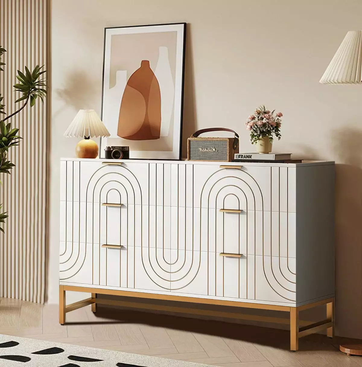 Furtivusia 6 Drawer Double Dresser White Wood Storage Cabinet Bedroom Living Room