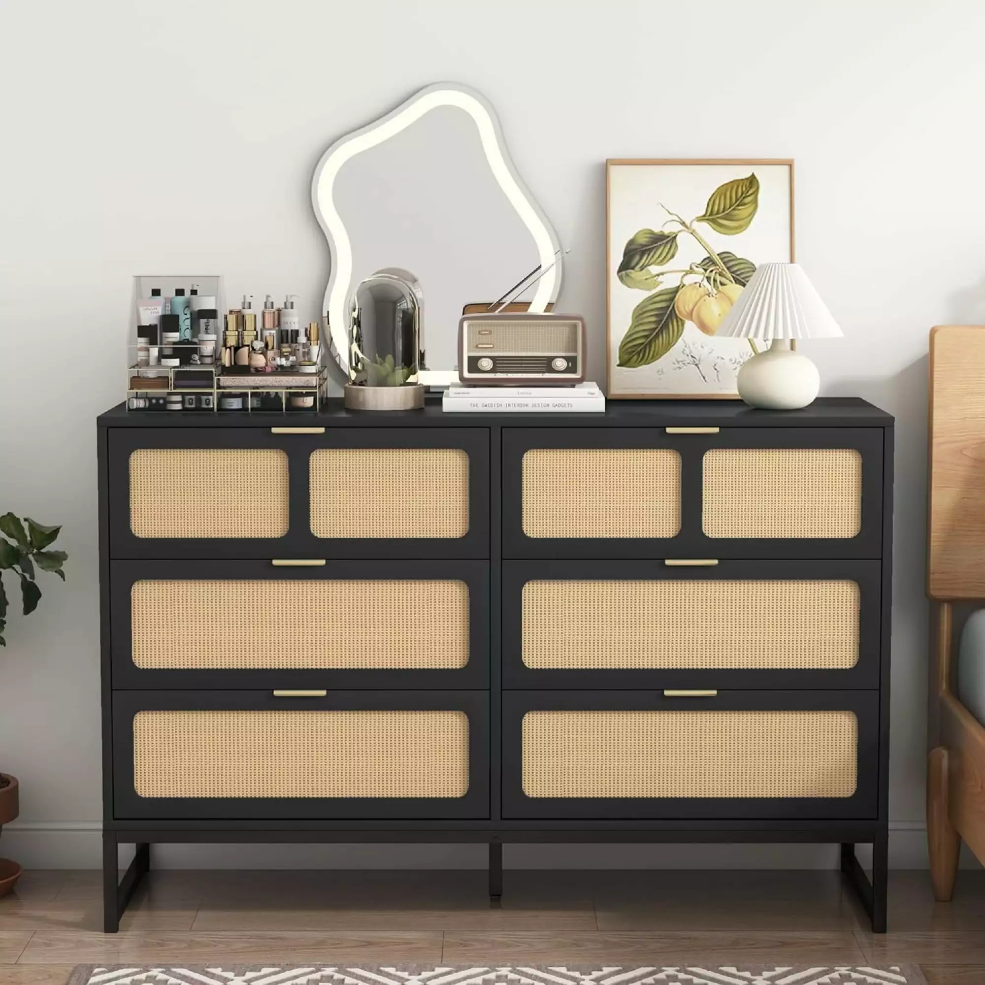 Furtivusia 6 Drawer Dresser Black Modern Rattan Storage Chest Drawers Bedroom Living Room