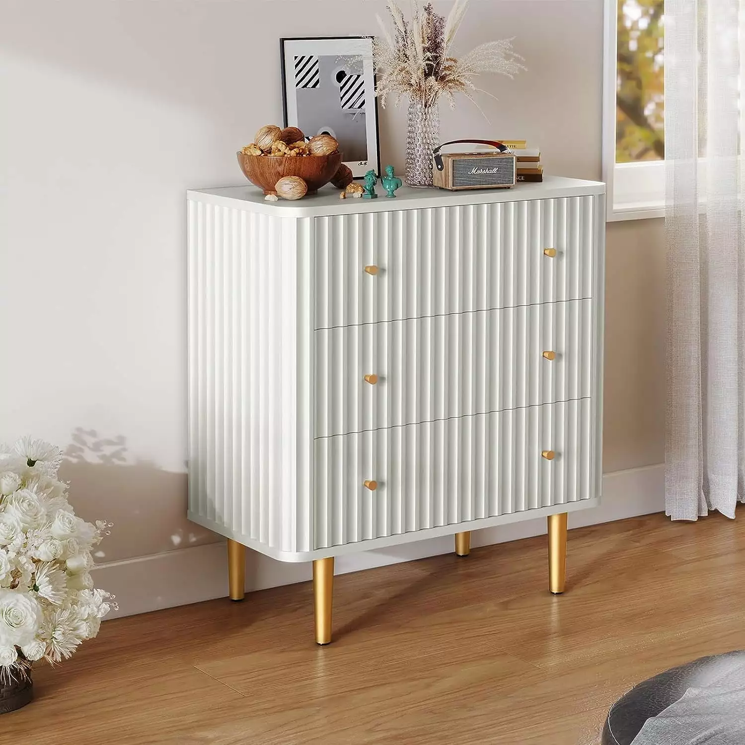 HLR 3 Drawer Dresser Bedroom White and Gold Dresser Chest Drawers