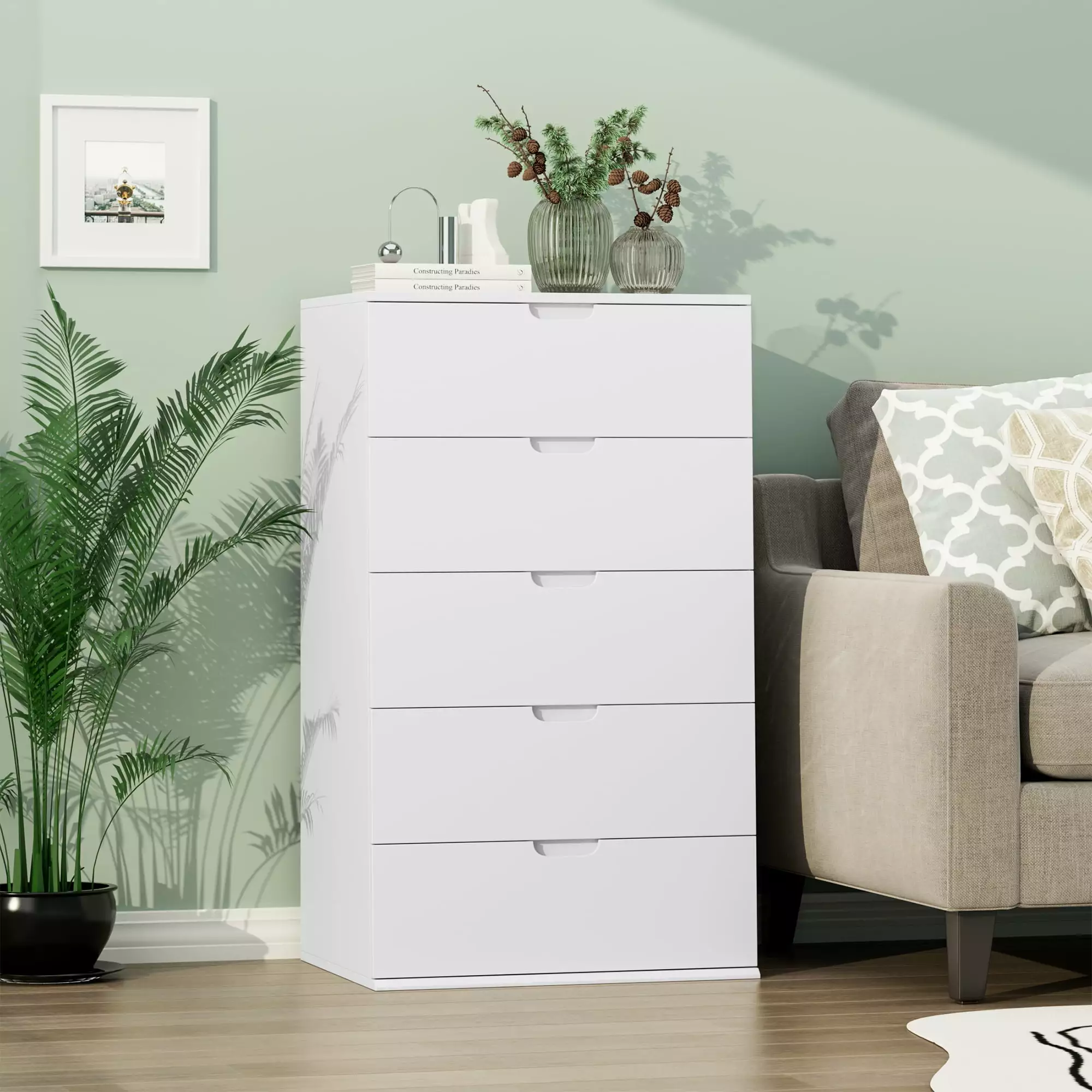 Homfa 5 Drawers Dresser 23.6W White Modern Chest Bedroom Storage