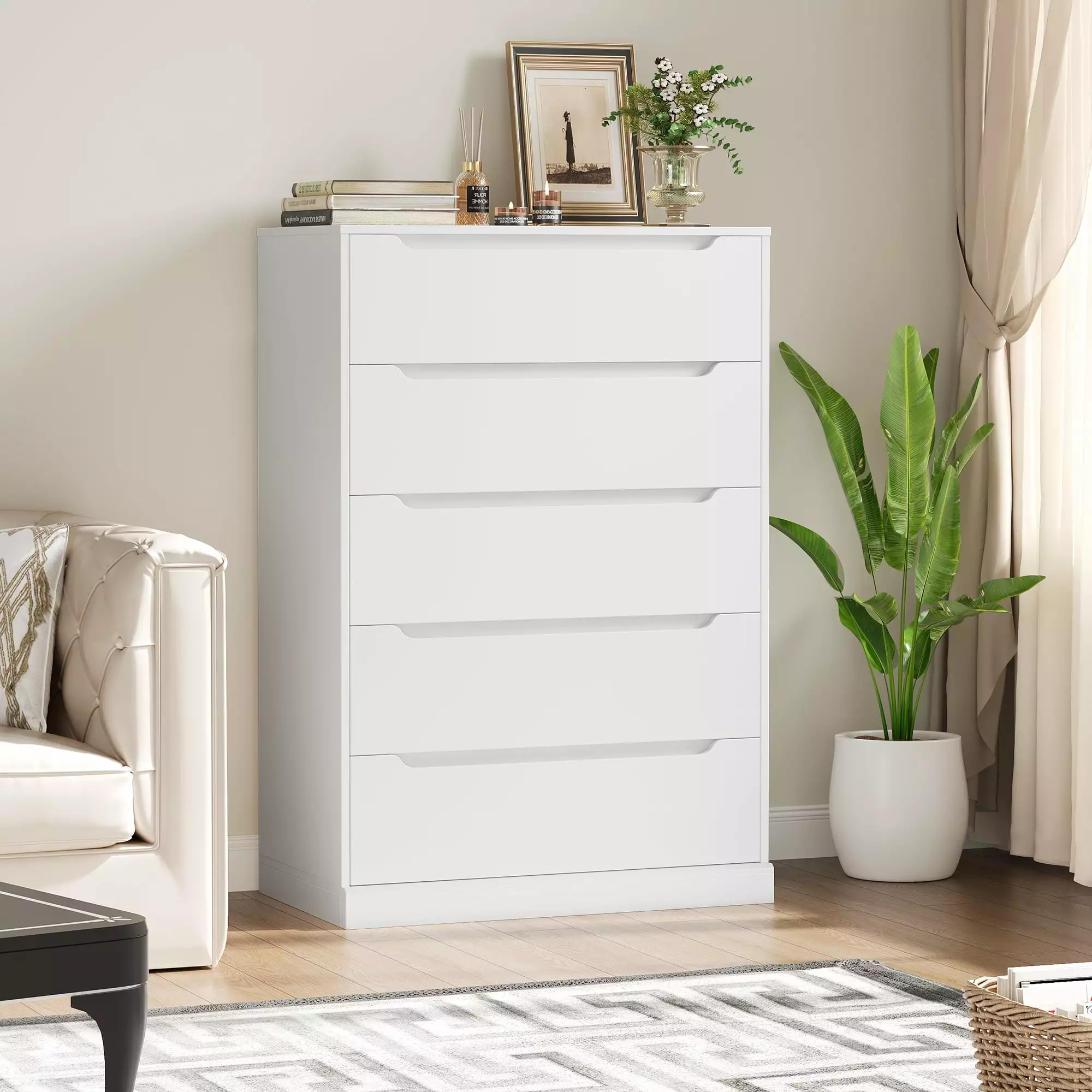 Homfa Vertical 5 Drawer Dresser Wood Storage Cabinet Upgraded Stable Base Bedroom Living Room White