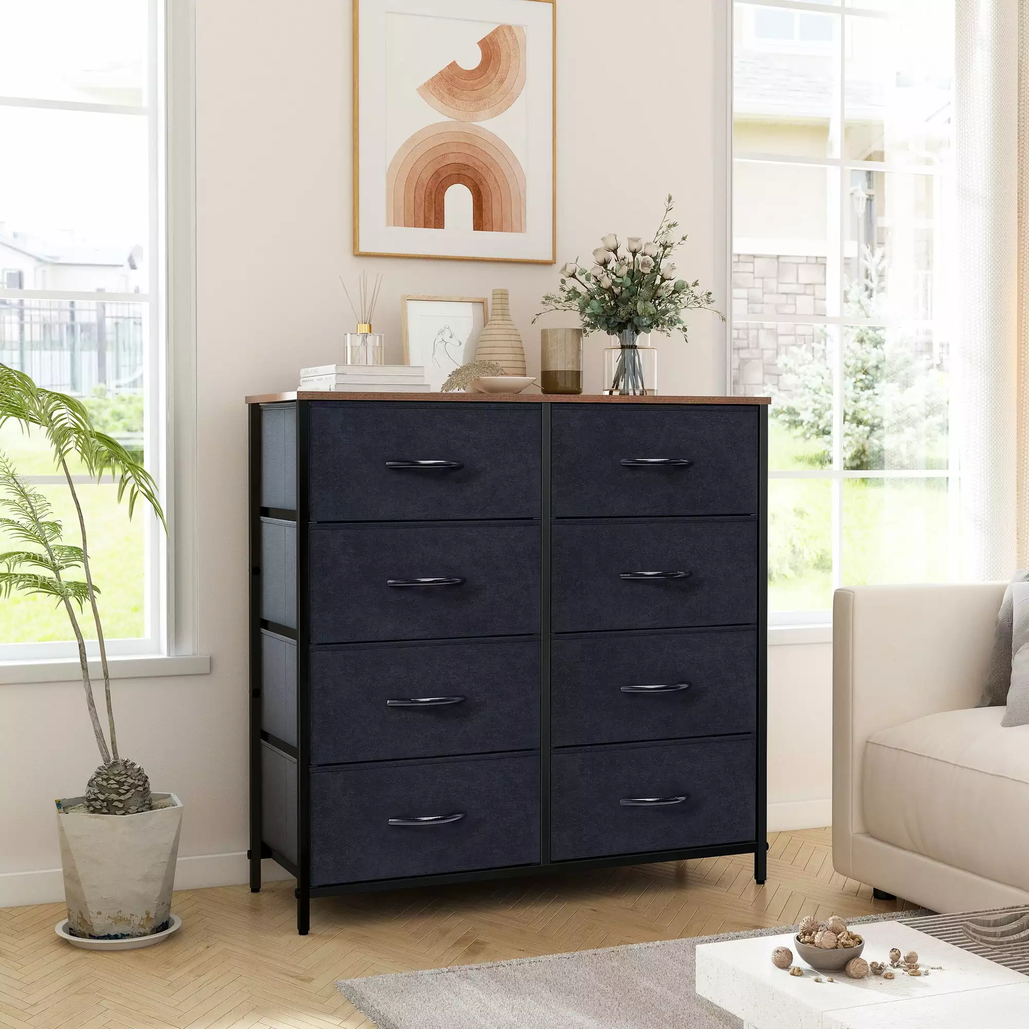 LYNCOHOME 8 Drawers Dresser Bedroom Chest Drawers Wide Fabric Dresser Storage Black