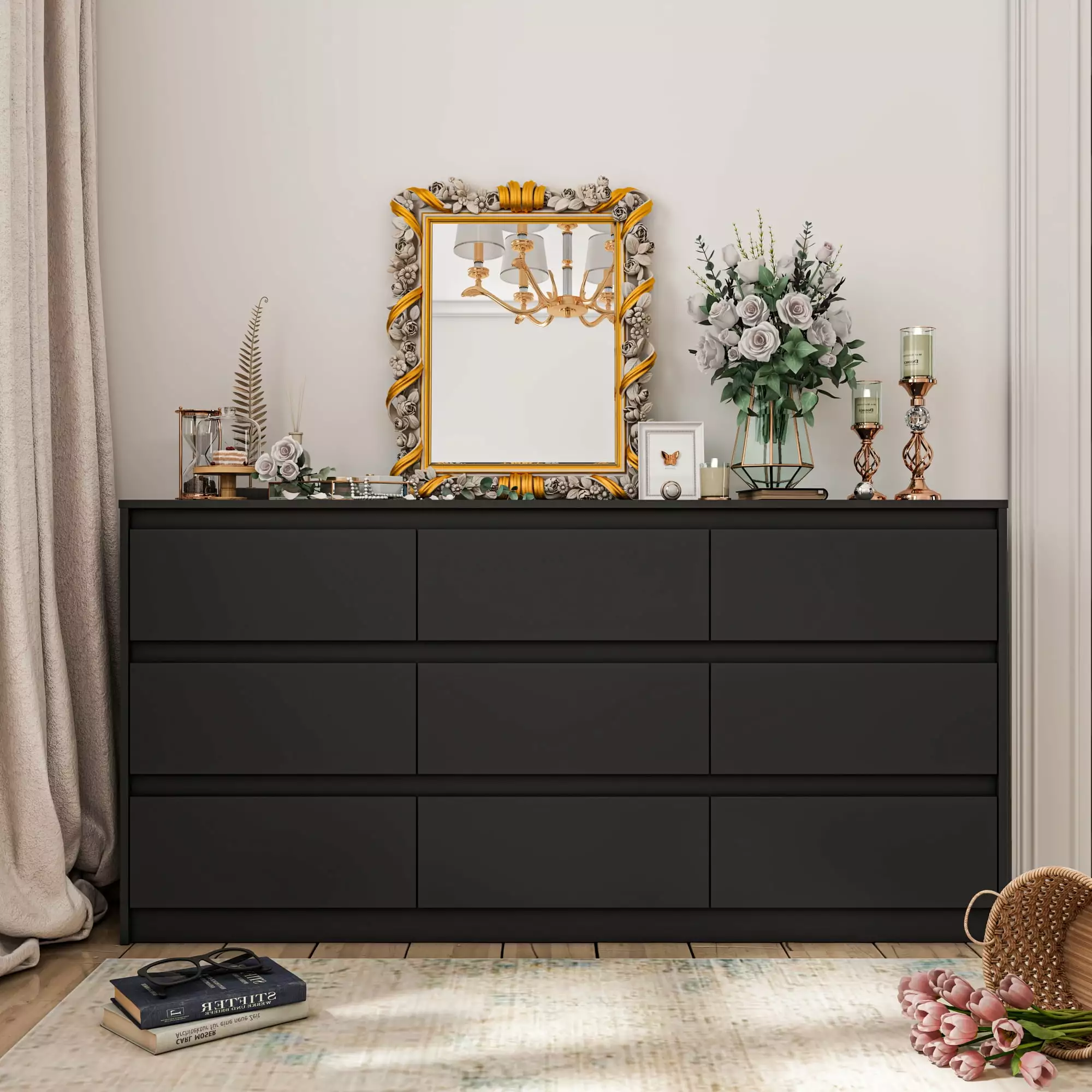MONSLIPA Chest Drawers 9 Drawer Dresser Modern Wooden Storage Bedroom Hallway Black