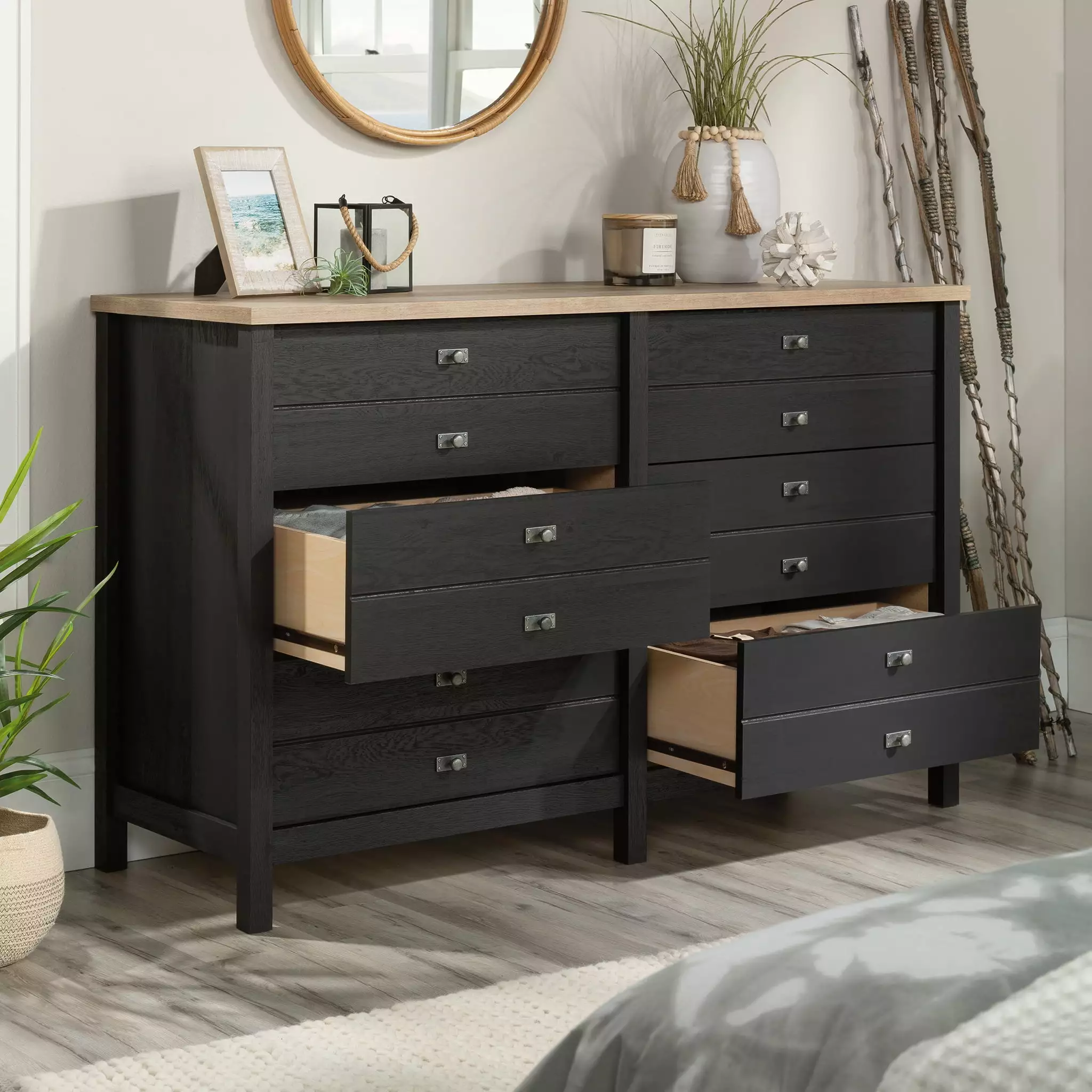 Sauder Cottage Road 6-Drawer Bedroom Dresser Raven Oak Finish - Wood Storage Chest Bedroom