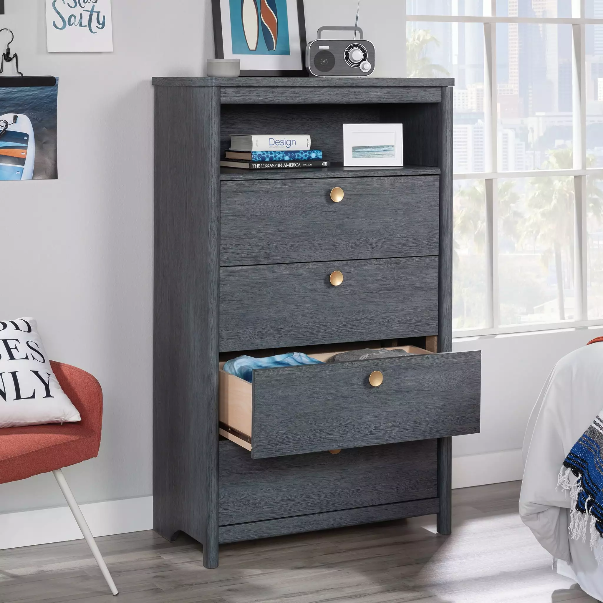 Sauder Dover Edge 4-Drawer Chest & Dresser Denim Oak Finish - Bedroom Storage Furniture