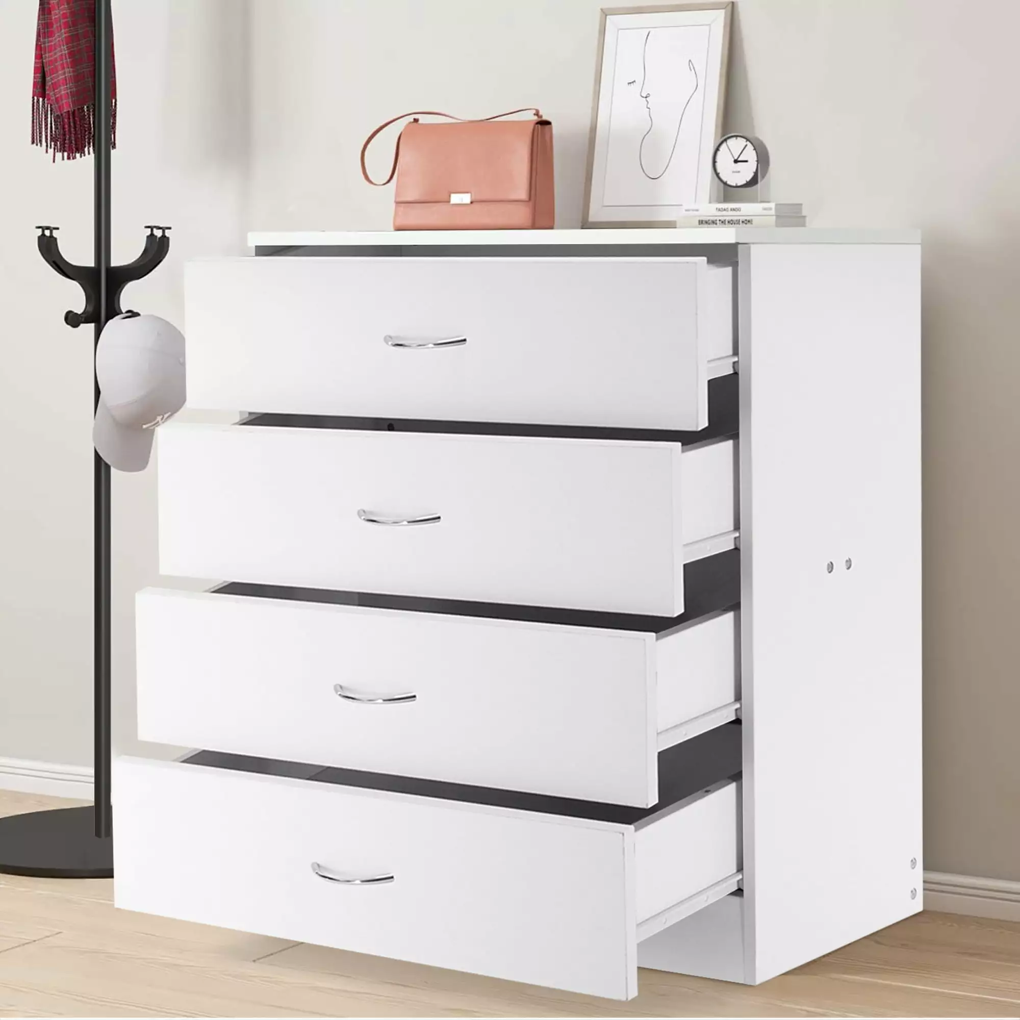 SYNGAR Modern White 4 Drawer Dresser Chest Drawers Bedroom Storage Cabinet Handle