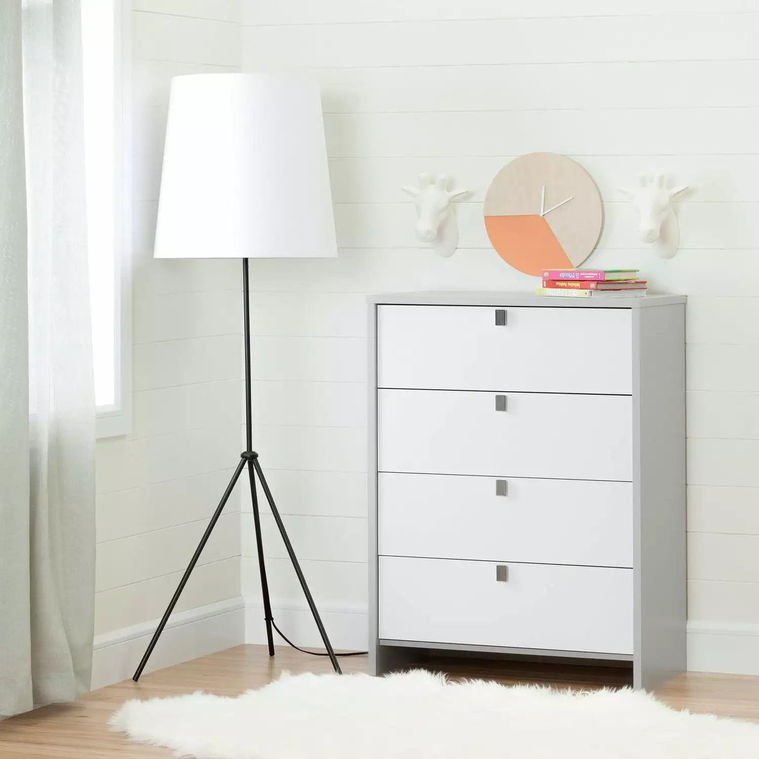 HomeStock African Artistry 4-Drawer Chest White Grey Metal Handles - Living Room Storage