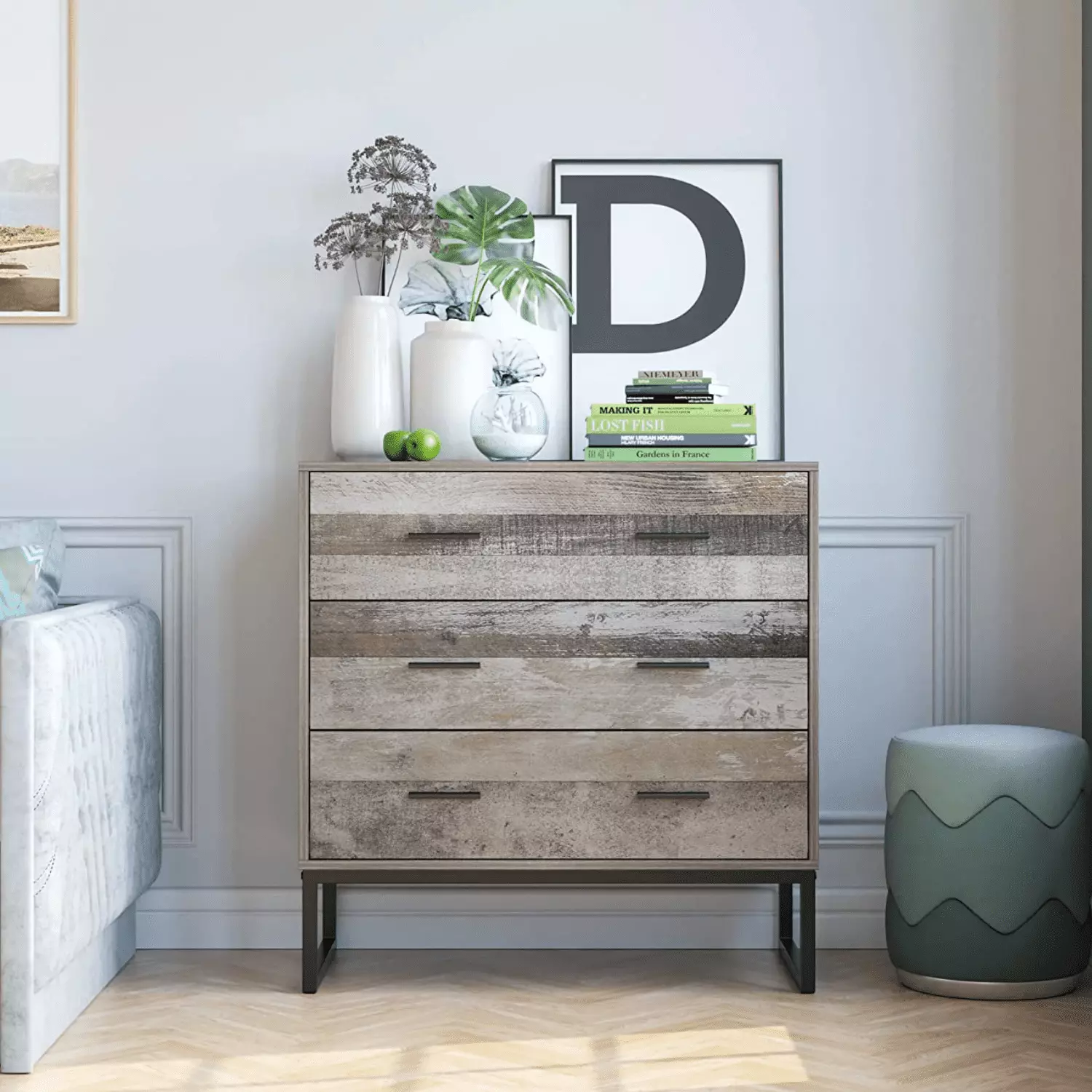 Homfa 31.5 Inch Wide 3 Drawer Dresser Wash Gray Wood Storage Cabinet Nightstand Bedroom Living Room