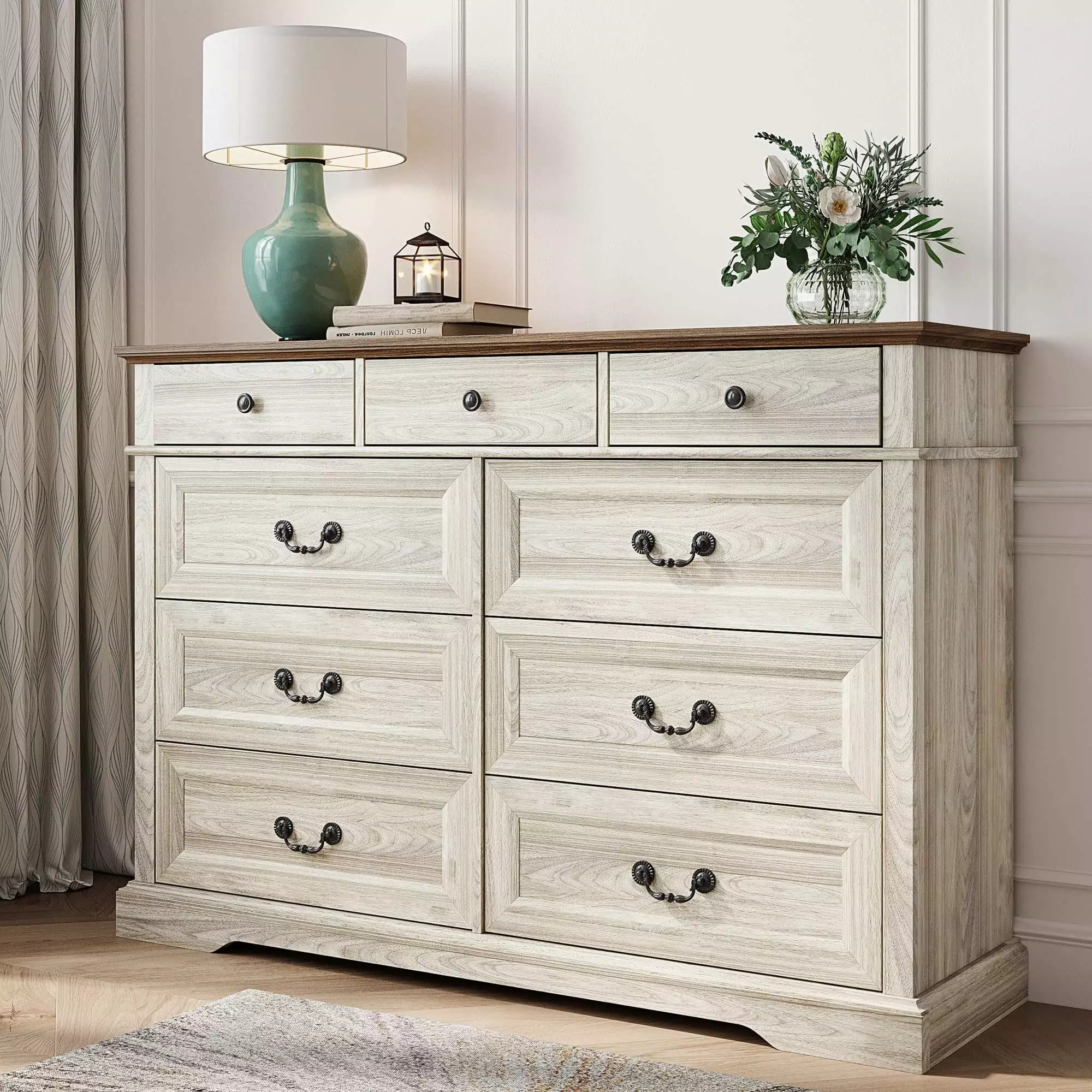 LINSY HOME 9 Drawer Dresser Bedroom Long Chest Drawers Antique Handles Oak White