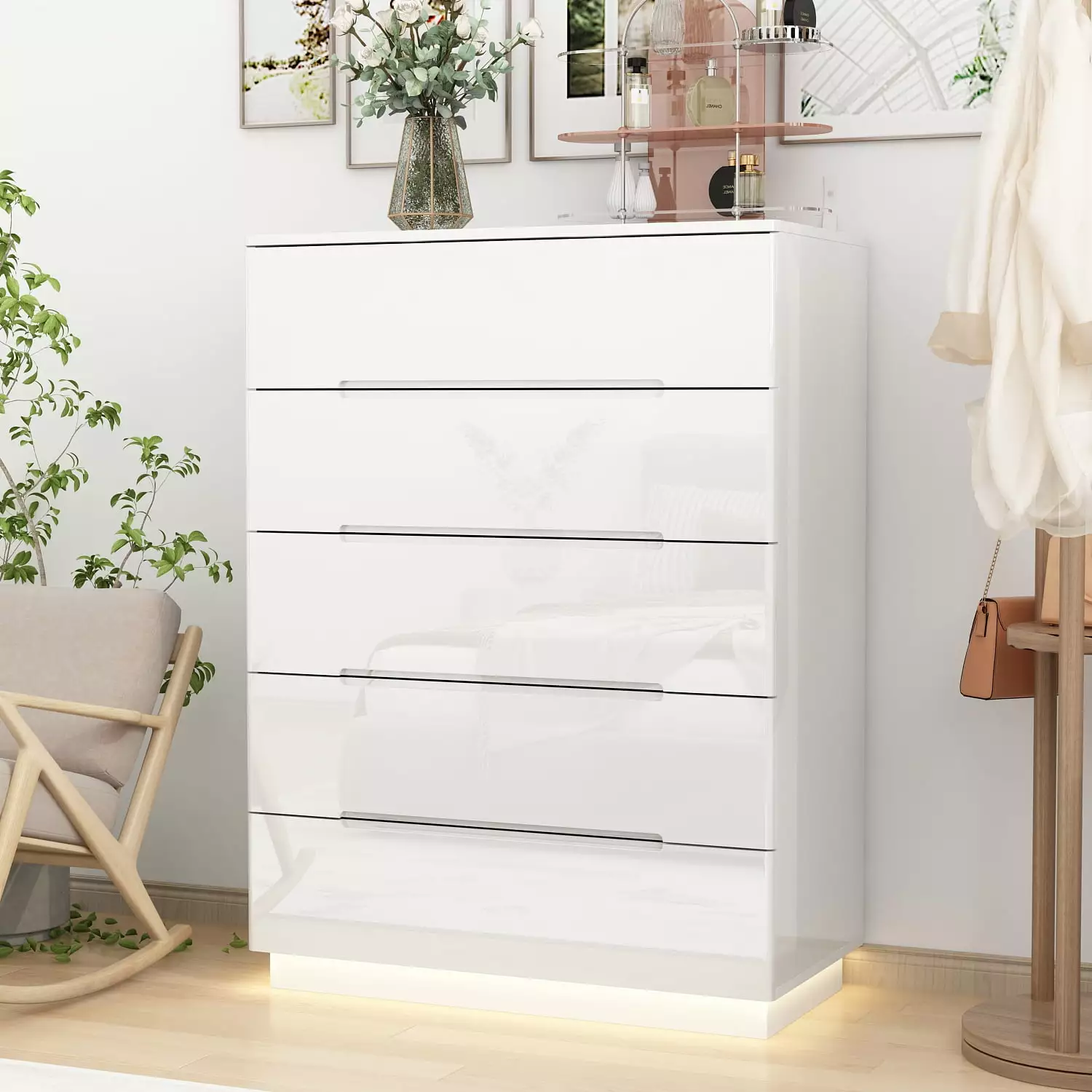 OXYLIFE 5 Drawer Dresser Chest LED Light White Glossy Finish Bedroom
