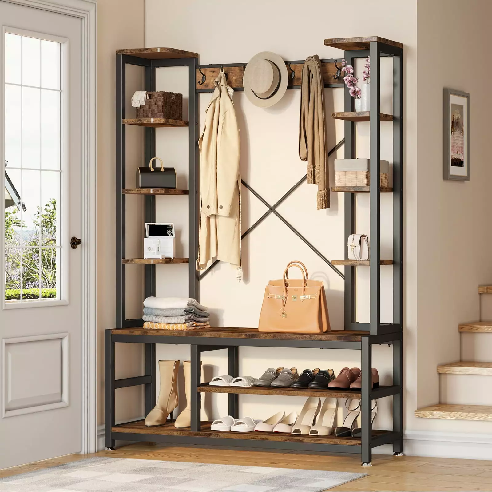Dextrus Rustic Brown Entryway Coat Rack Bench and Shoe Storage - 5--1 Coat Tree 16 Hooks
