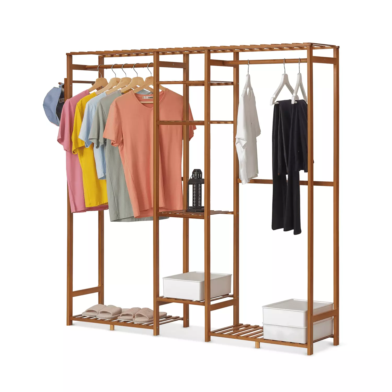 Magshion Bamboo 6 Tiers Coat Pants Rack Modern Closet Storage Wardrobe Hat Hooks Brown Bedroom