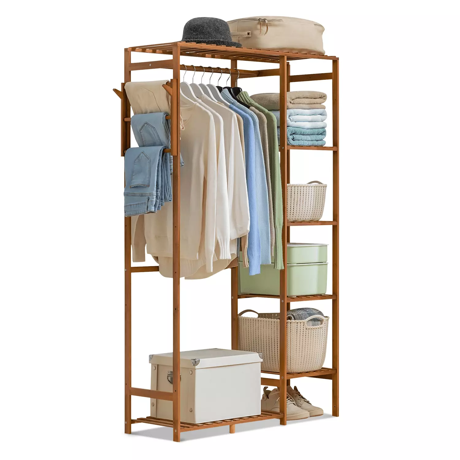 MoNiBloom Bamboo 6 Tiers Coat Pants Rack Hanging Rod Closet Arranger Wardrobe Brown Home