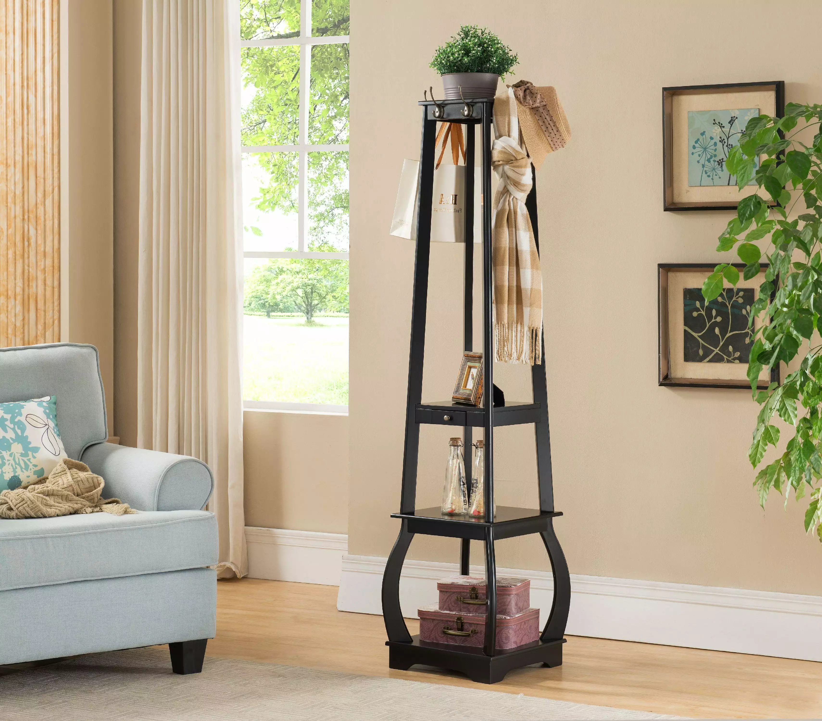 Beda Entryway Hall Tree Coat & Hat Rack 8 Hooks Black Wood Contemporary Pilaster Designs