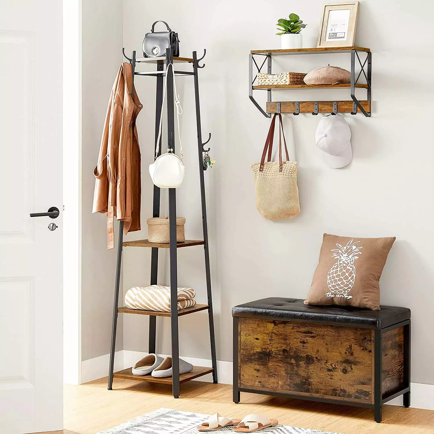VASAGLE 8 Hooks Coat Rack Stand 3 Shelves Coat Tree Entryway Bedroom Living Room Rustic Brown and Black
