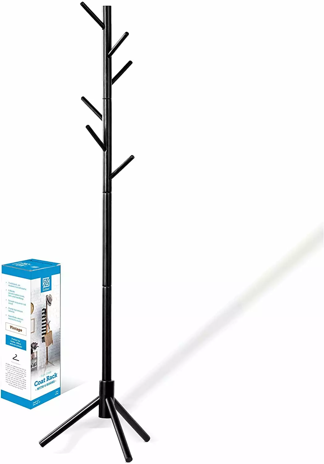 ZOBER Luxury Black Wooden Coat Rack Stand 6 Hooks Coats and Hats