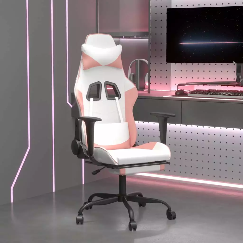 Ergonomic Massage Gaming Chair Footrest White Pink Faux Leather funchic