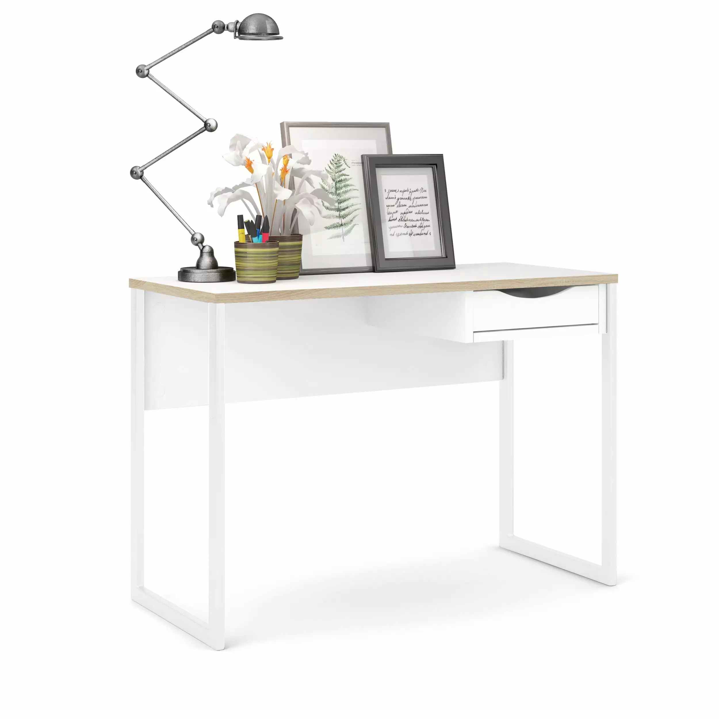 Wells One Drawer Desk White Matte Oak Structure Compact Home Office Desk Tvilum
