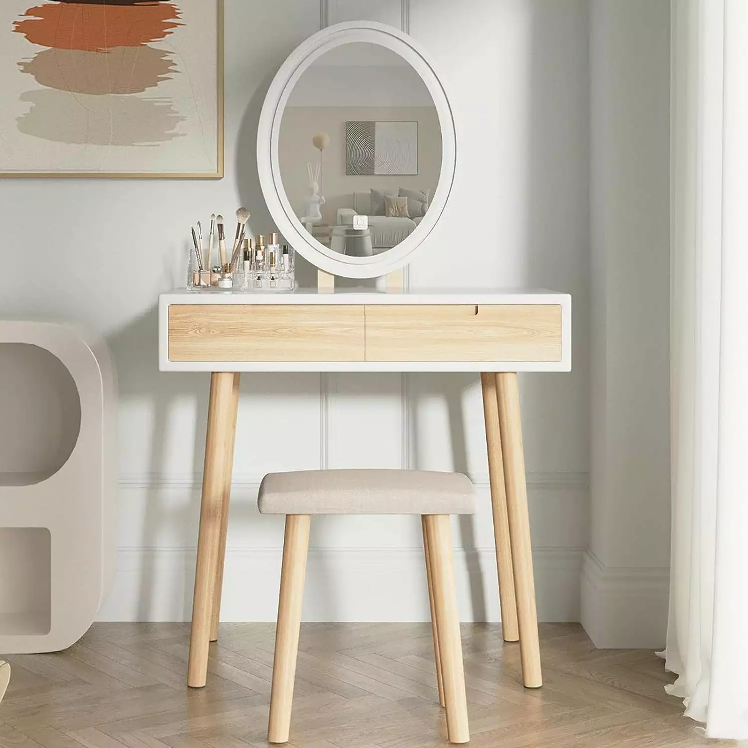 PULUOMIS 31.5 Makeup Vanity Desk Adjustable Brightness Oval Mirror - Compact Dressing Table Drawers & Stool