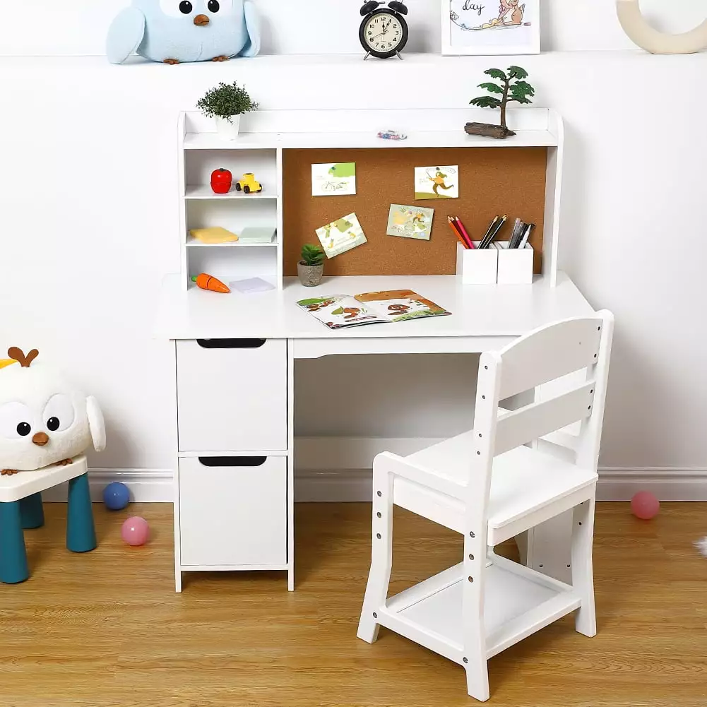 Wooden Study Desk Chair Kids Children School Table Hutch Bookshelf Bulletin Board White Boupower