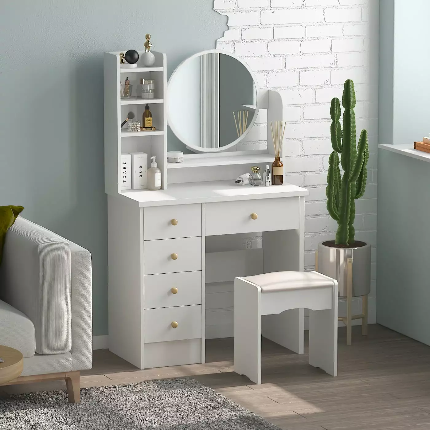 Multifunctional Computer Armoire Vanity Set Makeup Dressing Table Mirror White WIAWG