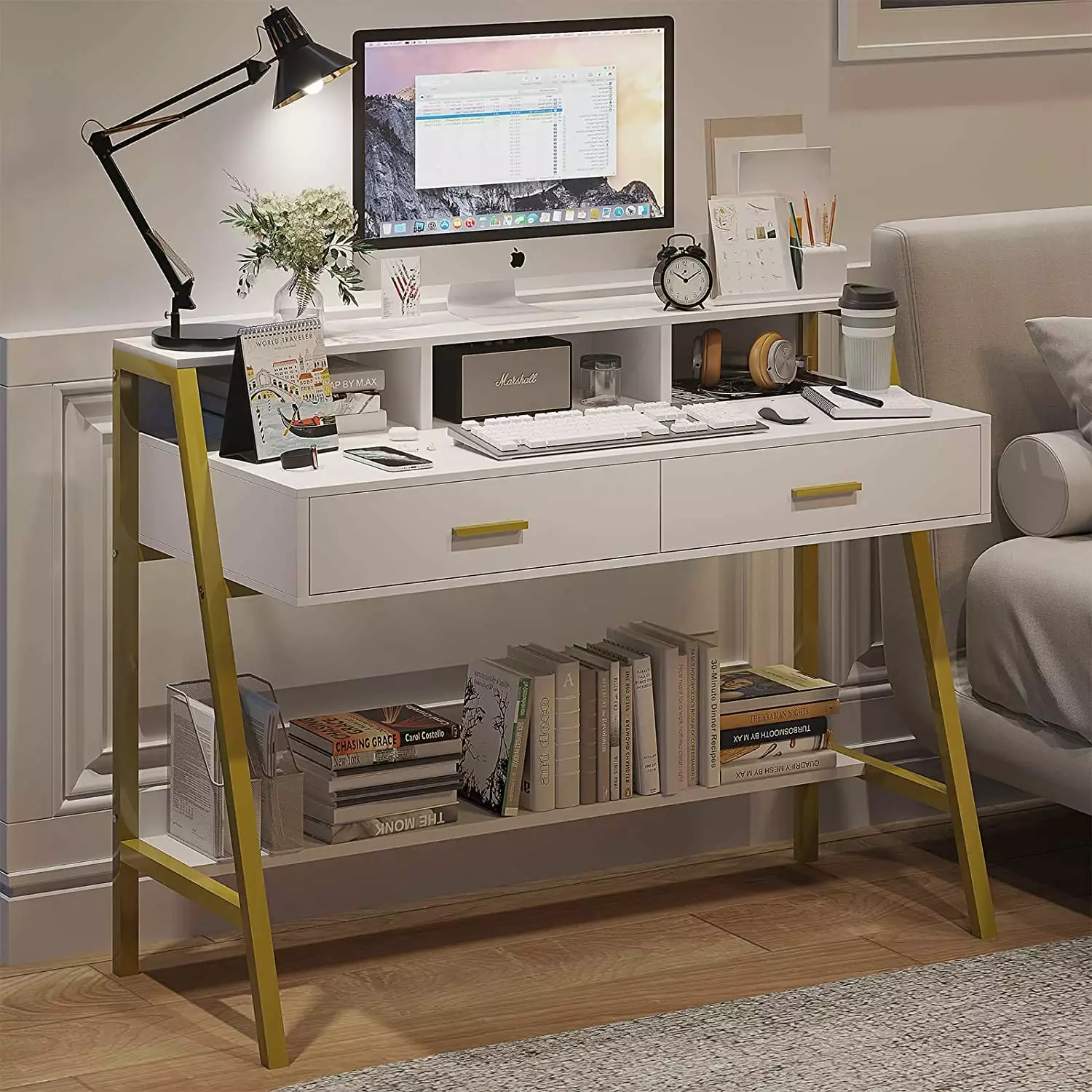 41 Inch Computer Desk 2 Drawers - Modern Metal Frame Home Office Study Writing Table Aunfebrco