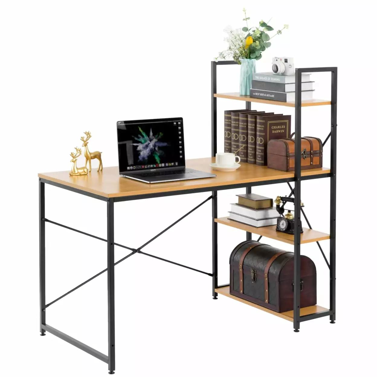 Wood and Metal Industrial Home Office Computer Desk Bookshelves Modern Workstation Basicwise