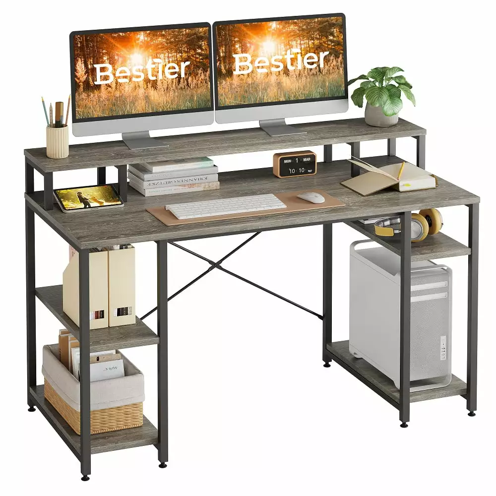Bestier 55 inch Computer Desk Monitor Shelf Home Office Desk Grey